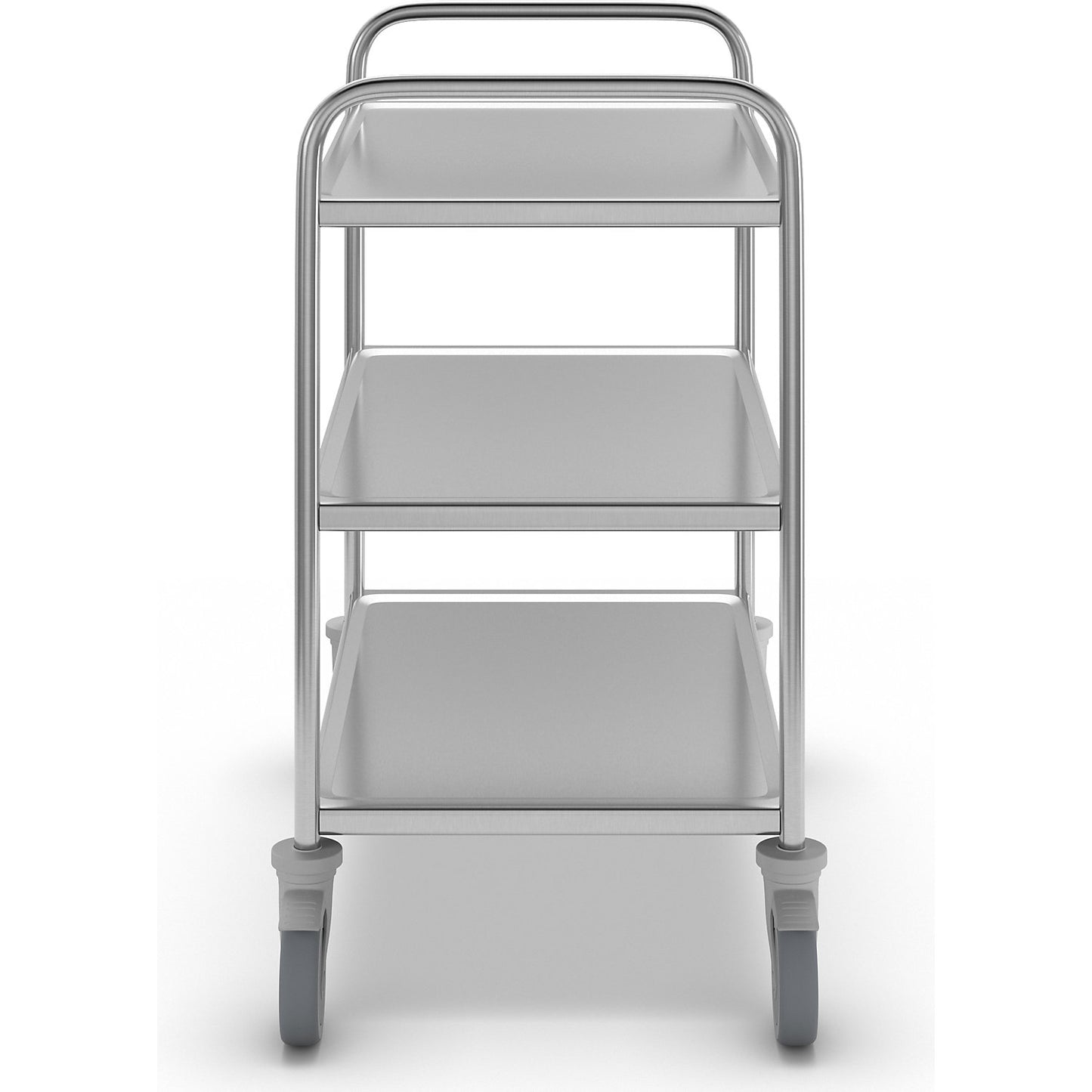 Stainless steel serving trolley, 3 shelves, thermoplastic rubber tyres, LxWxH 870 x 570 x 970 mm.
