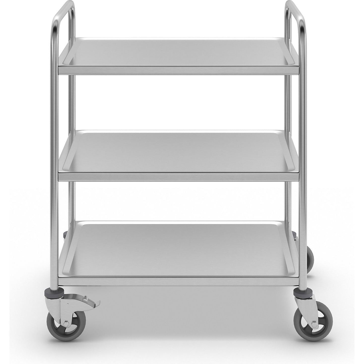 Stainless steel serving trolley, 3 shelves, air cushioned tyres, LxWxH 870 x 570 x 970 mm.
