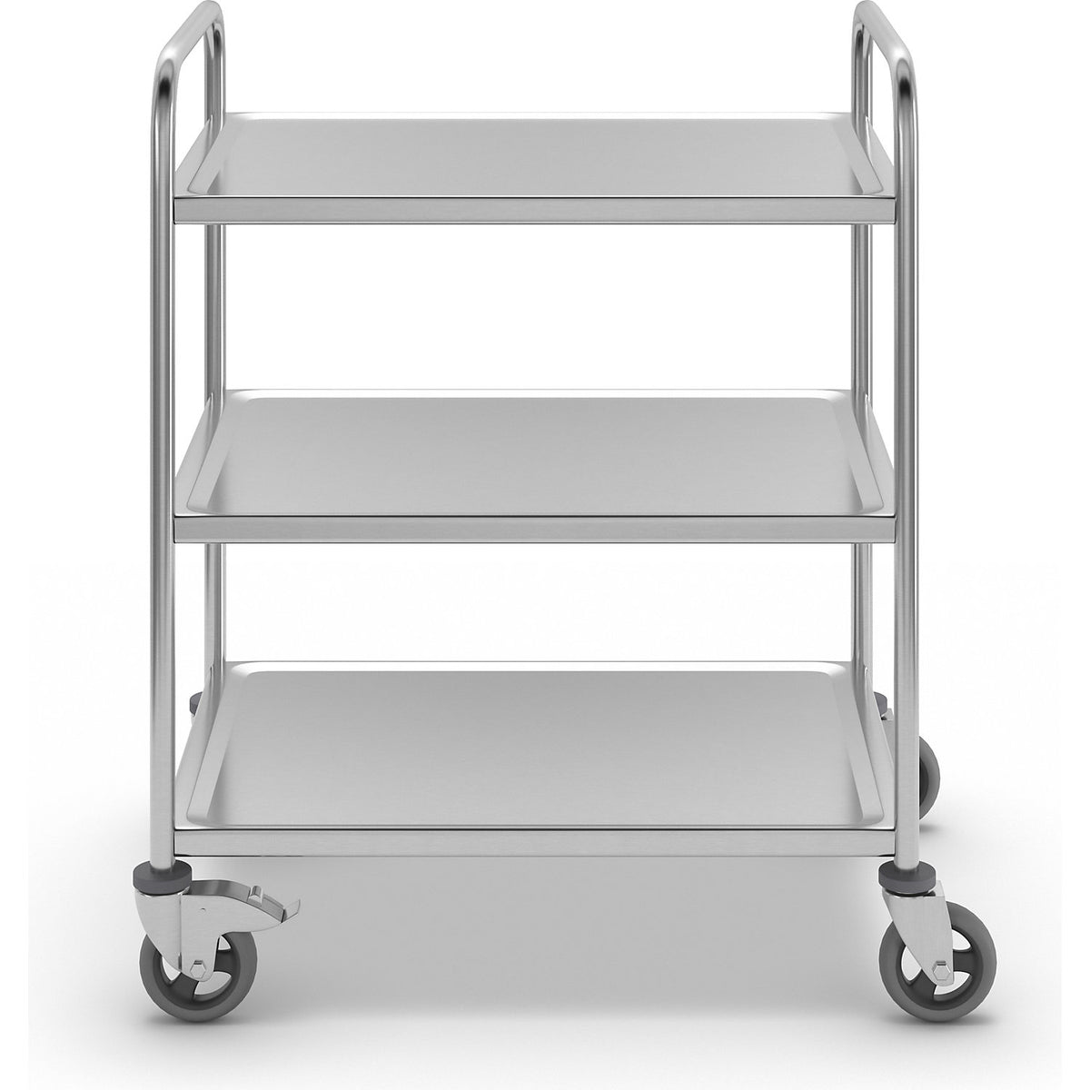 Stainless steel serving trolley, 3 shelves, air cushioned tyres, LxWxH 870 x 570 x 970 mm.