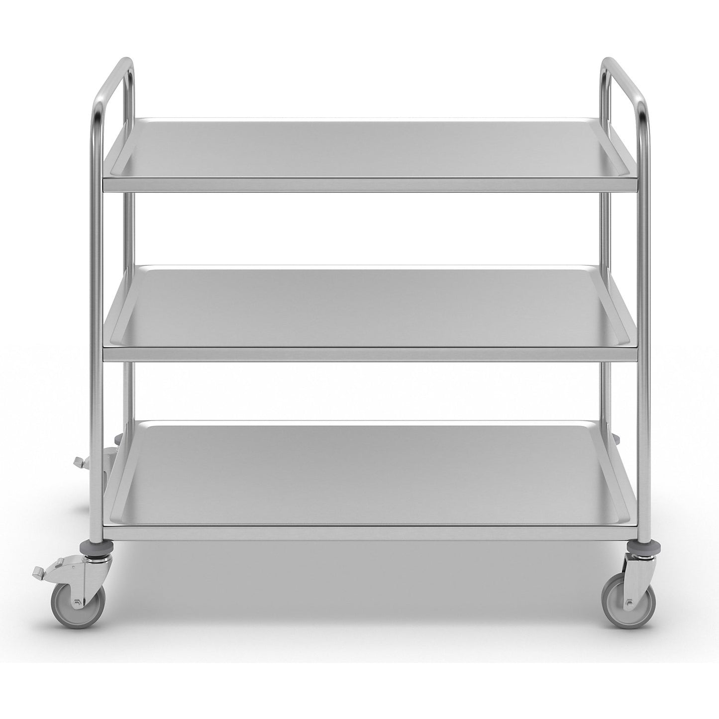 Stainless steel serving trolley, 3 shelves, zinc plated castor, rubber tyres, LxWxH 1070 x 670 x 970 mm.
