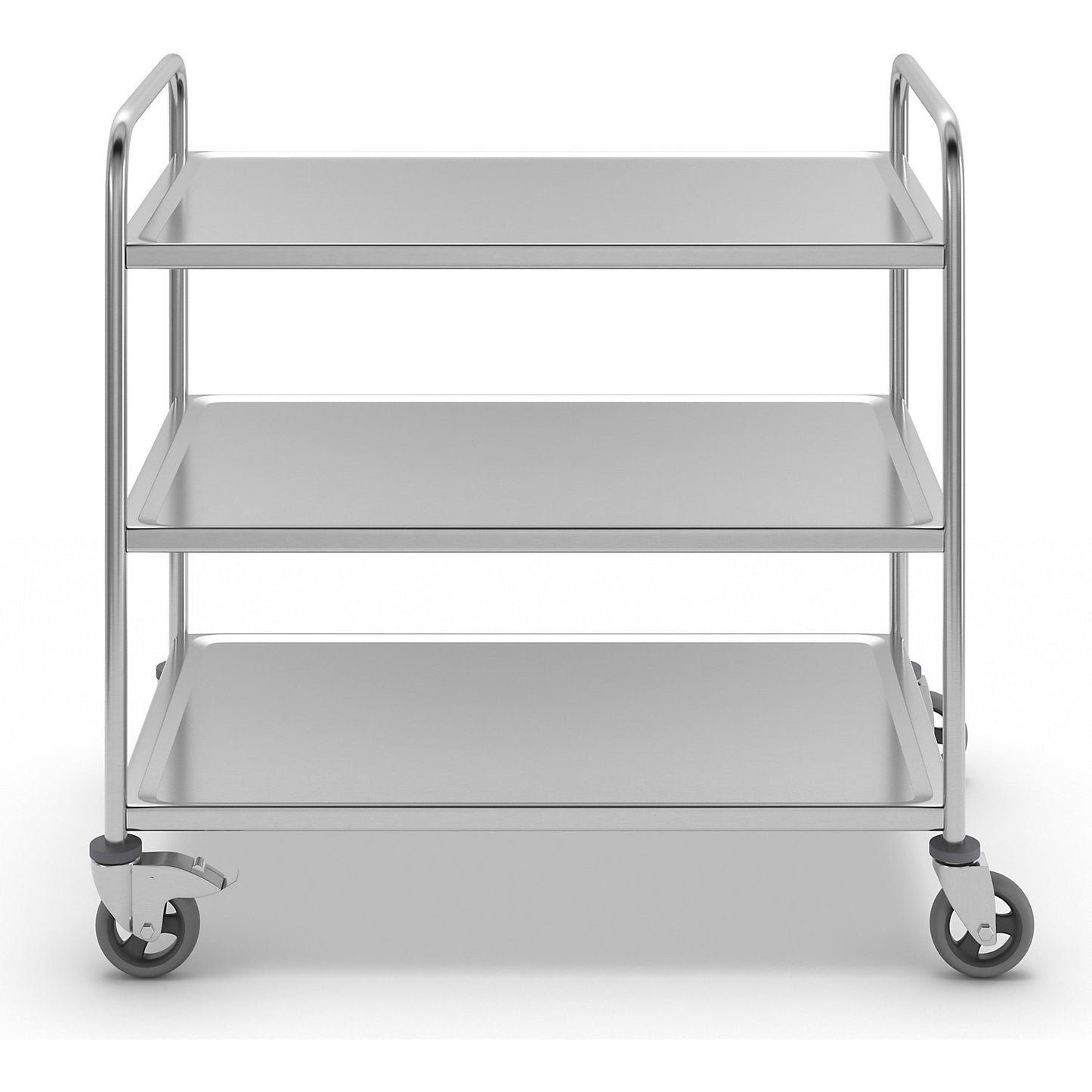 Stainless steel serving trolley, 3 shelves, air cushioned tyres, LxWxH 1070 x 670 x 970 mm.