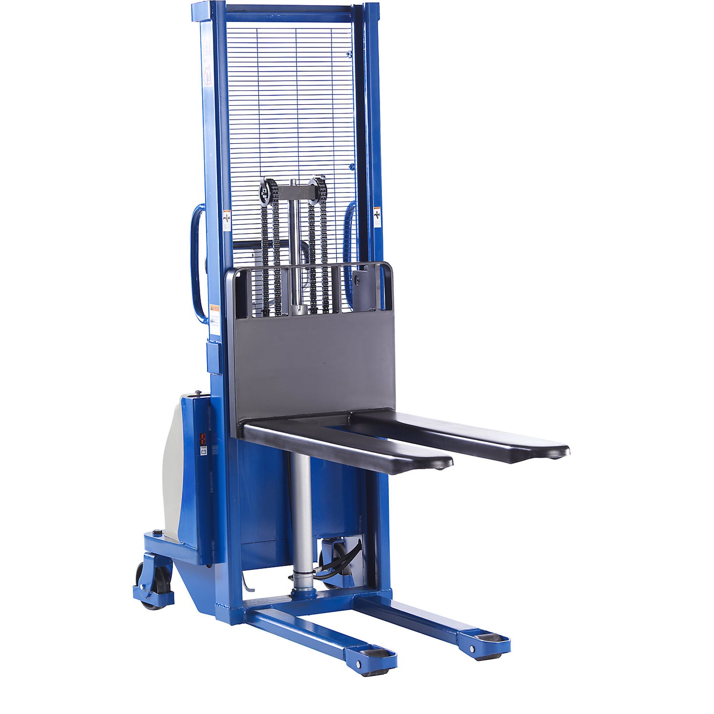 Semi-electric drawbar stacker, max. load 1200 kg, lifting height 1600 mm.