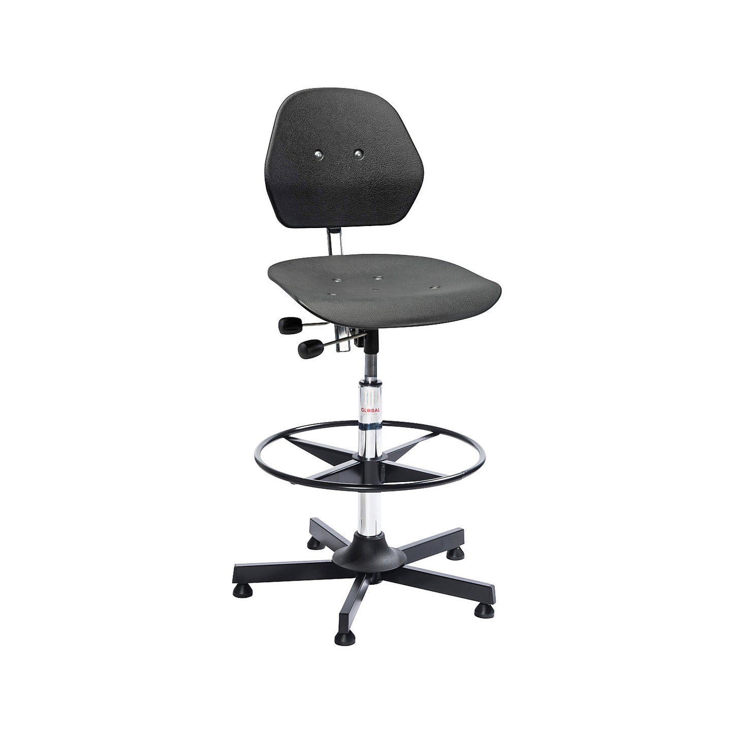 SOLID industrial swivel chair, with floor glides and foot ring, height adjustment range 640 - 900 mm.