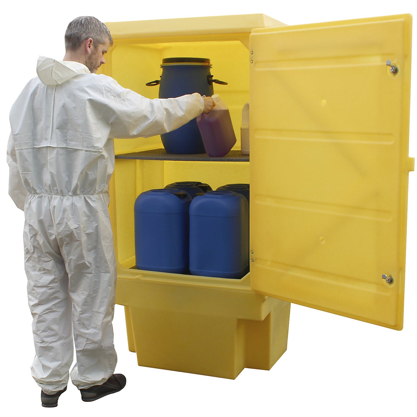 Environmental cupboard made of PE, collection capacity 225 l, 1 PE tray grate, 1 GRP mesh grid shelf, HxWxD 1835 x 920 x 740 mm.