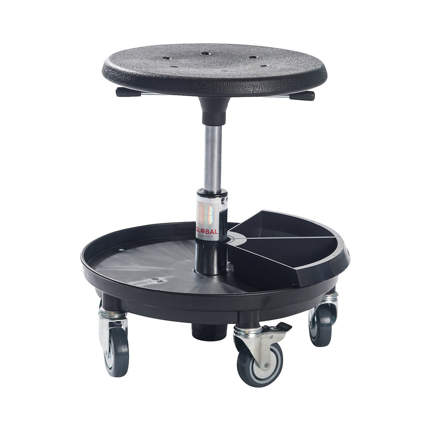 Assembly stool with tray, gas lift height adjustment 370 - 500 mm, black.