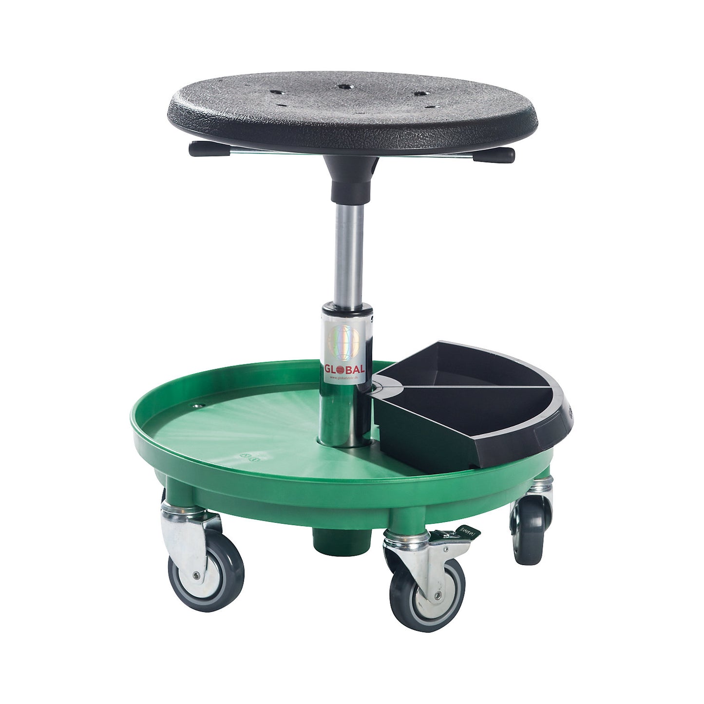 Assembly stool with tray, gas lift height adjustment 370 - 500 mm, green.