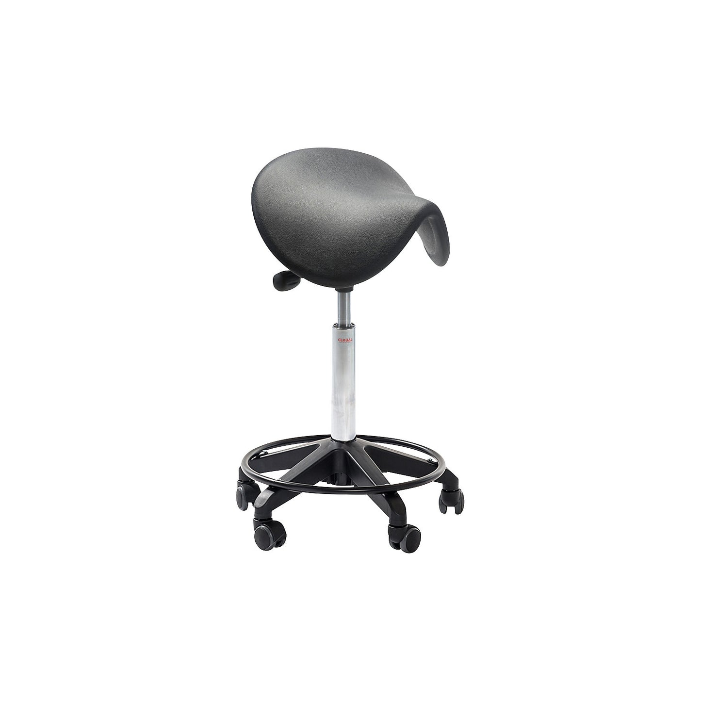 Saddle stool, with castors and foot rest, height 560 - 750 mm, castor Ø 50 mm.