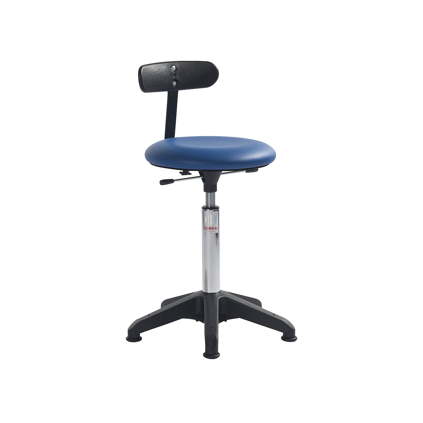 Industrial stool, height adjustable, with floor glides and back rest, blue, height 520 - 710 mm.