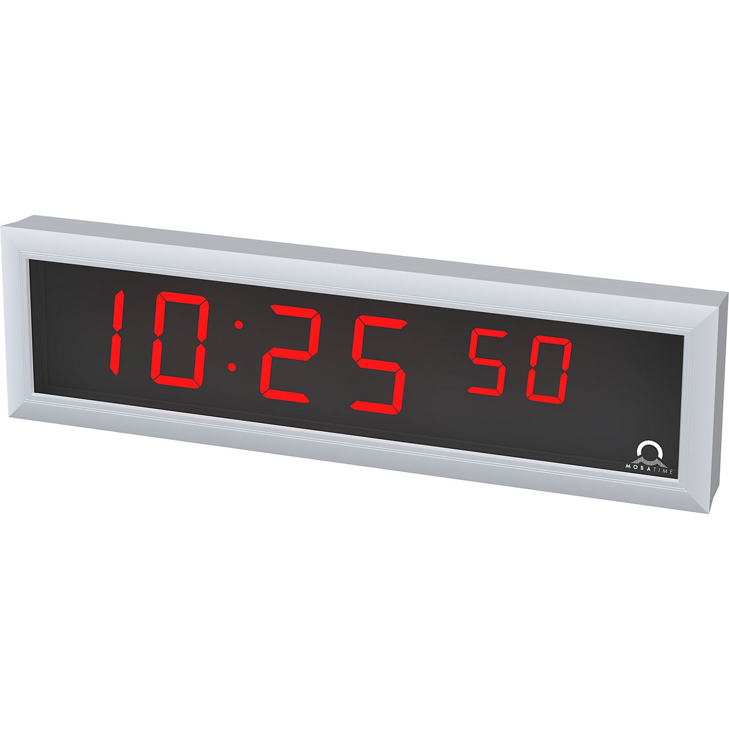 LED digital clock, HxWxD 118 x 423 x 39 mm, silver, red LED.