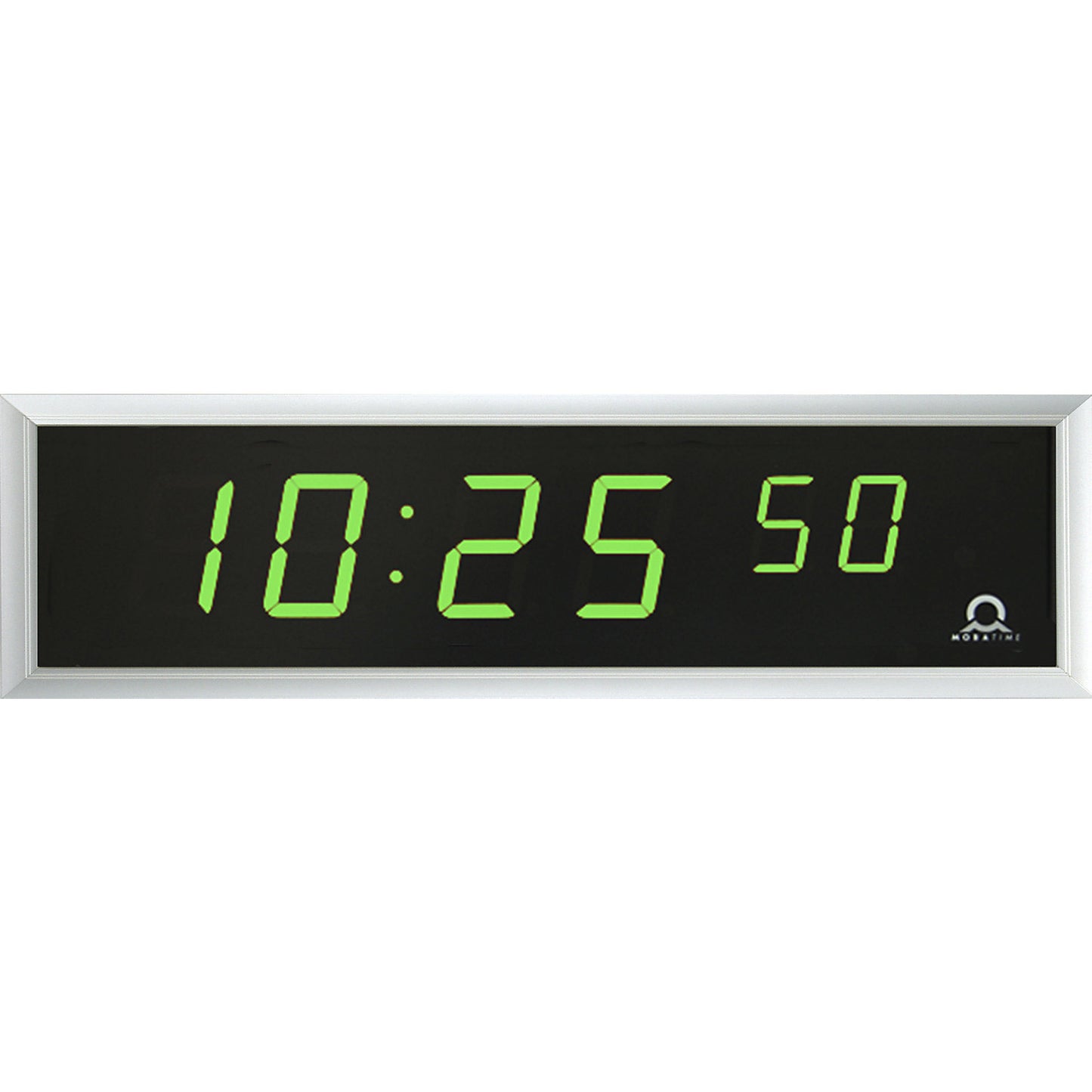 LED digital clock, HxWxD 118 x 423 x 39 mm, silver, green LED.