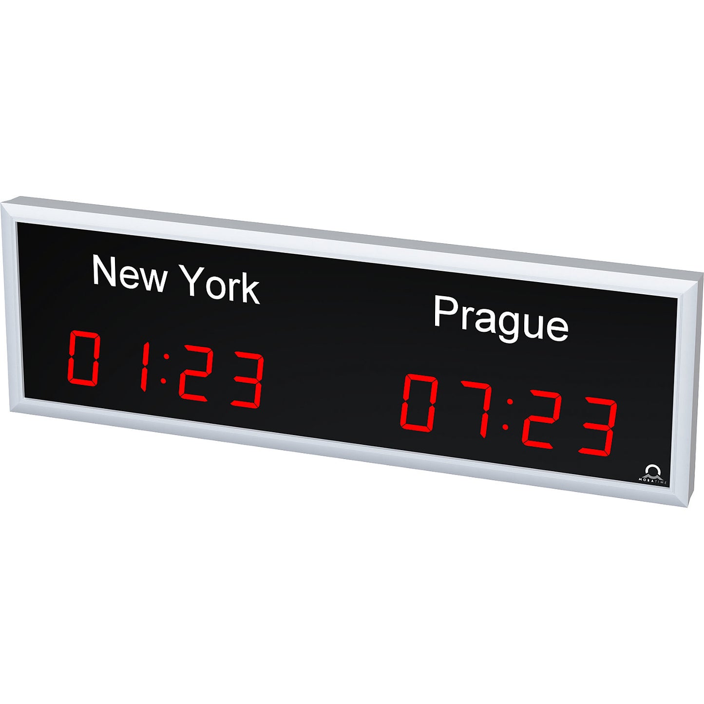 LED world time clock, 2 time zones, horizontal layout.