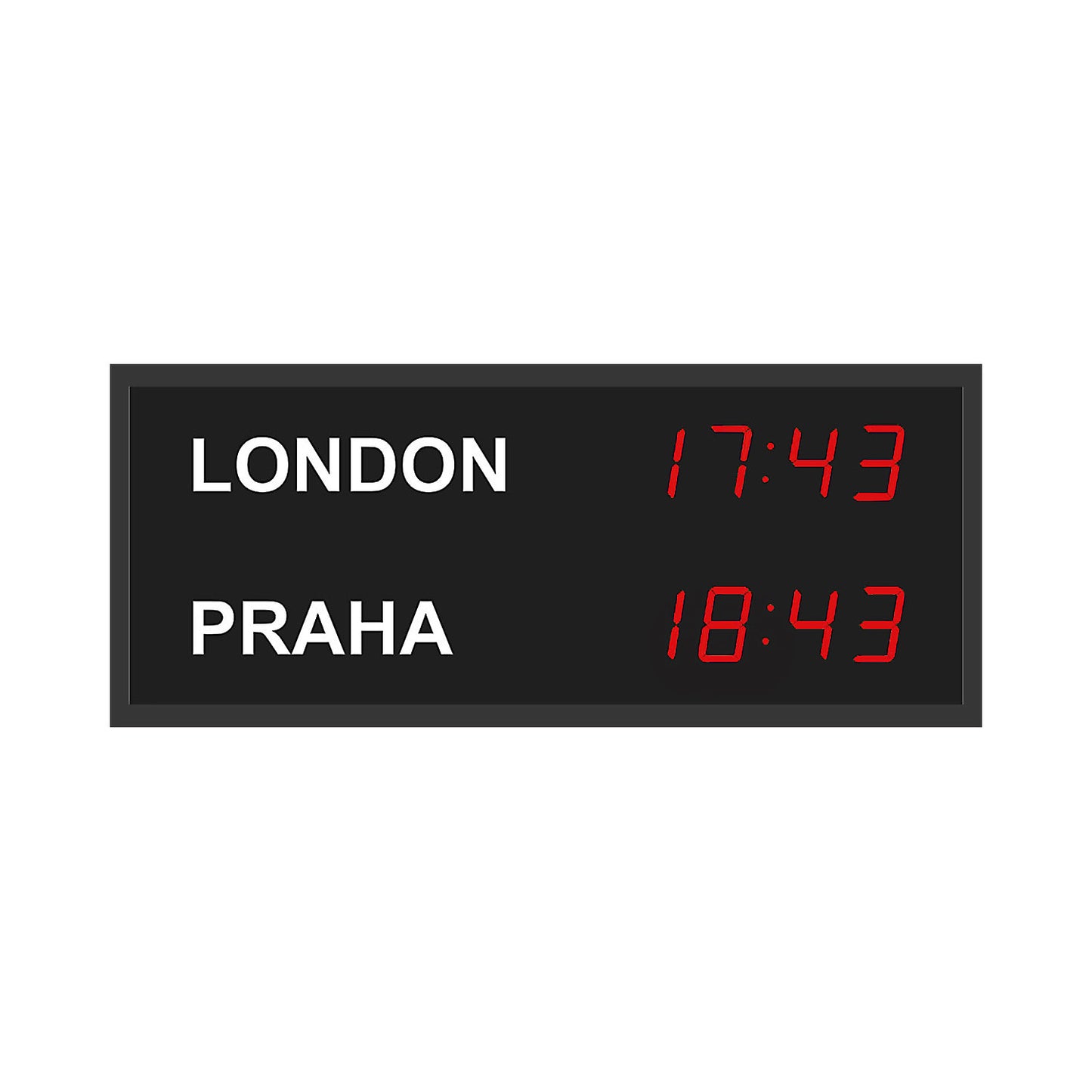 LED world time clock, 2 time zones, vertical layout.