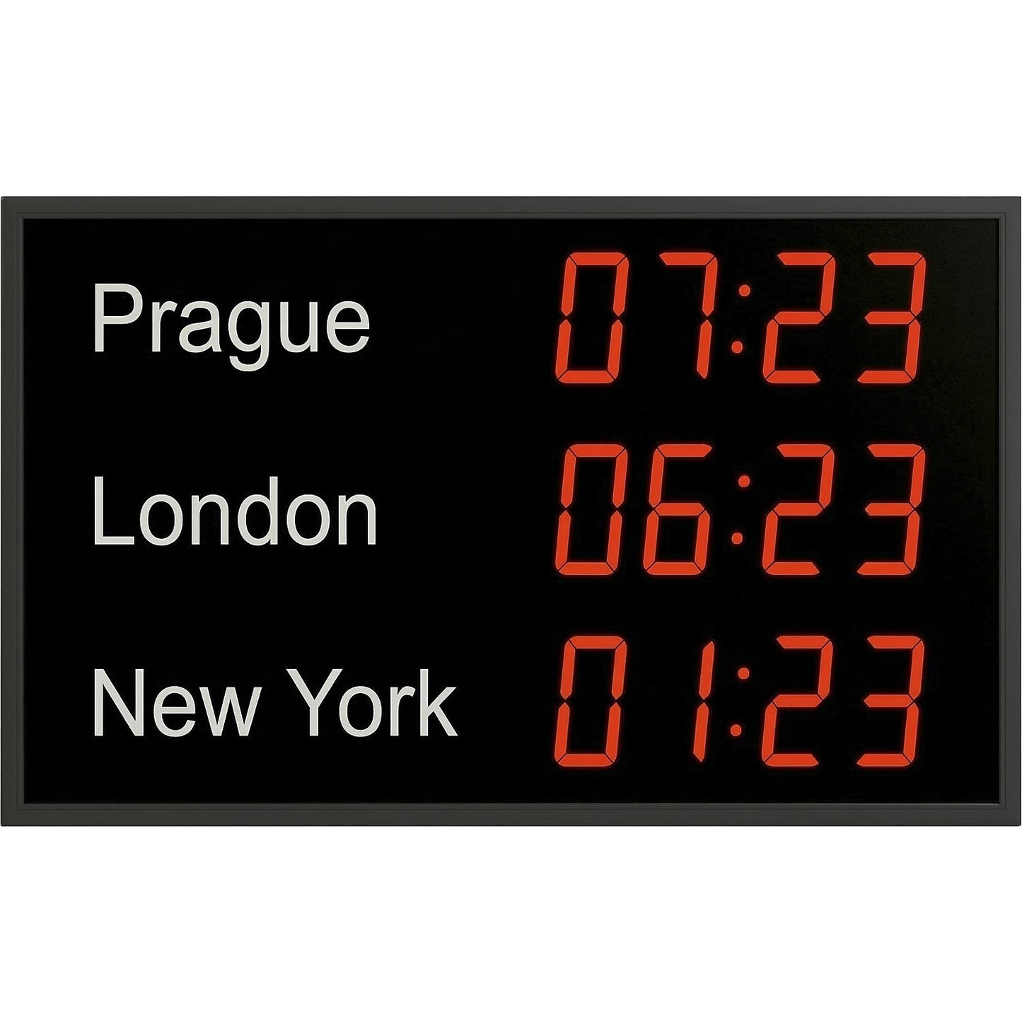 LED world time clock, 3 time zones, vertical layout.