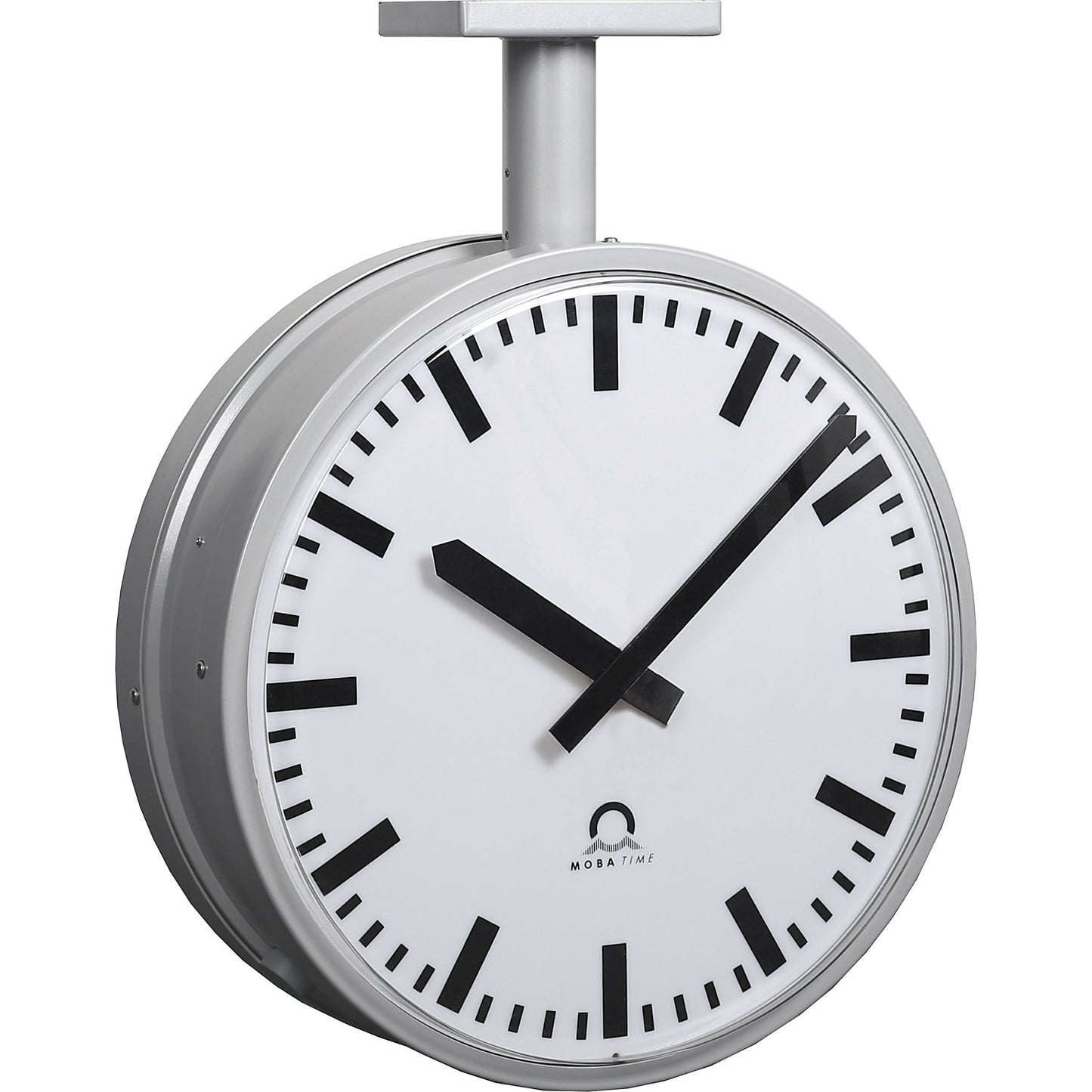 METROLINE outdoor clock, double sided, white aluminium, LED lighting.