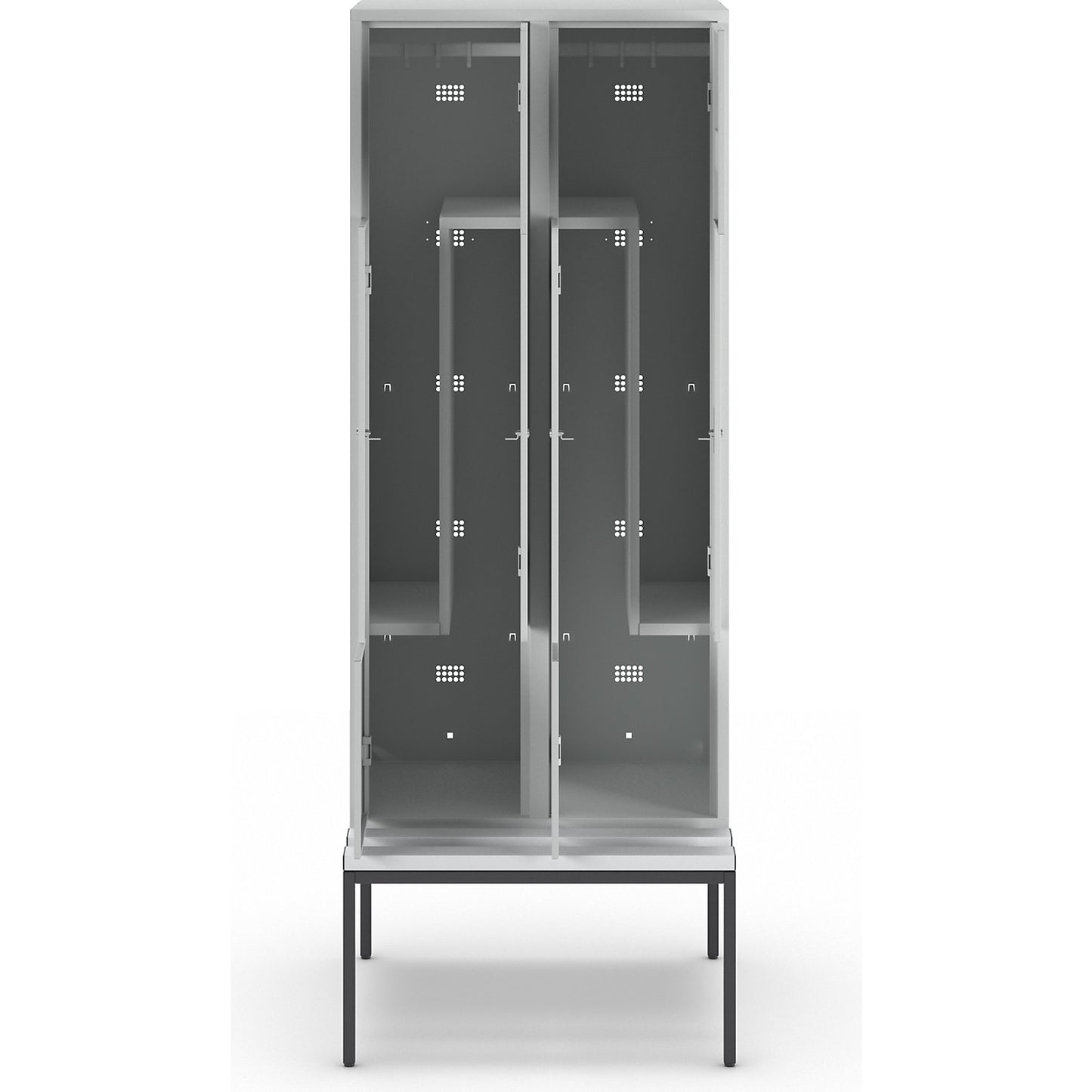 München Z locker with bench seat, 2 compartments, W 800 mm, light grey doors.