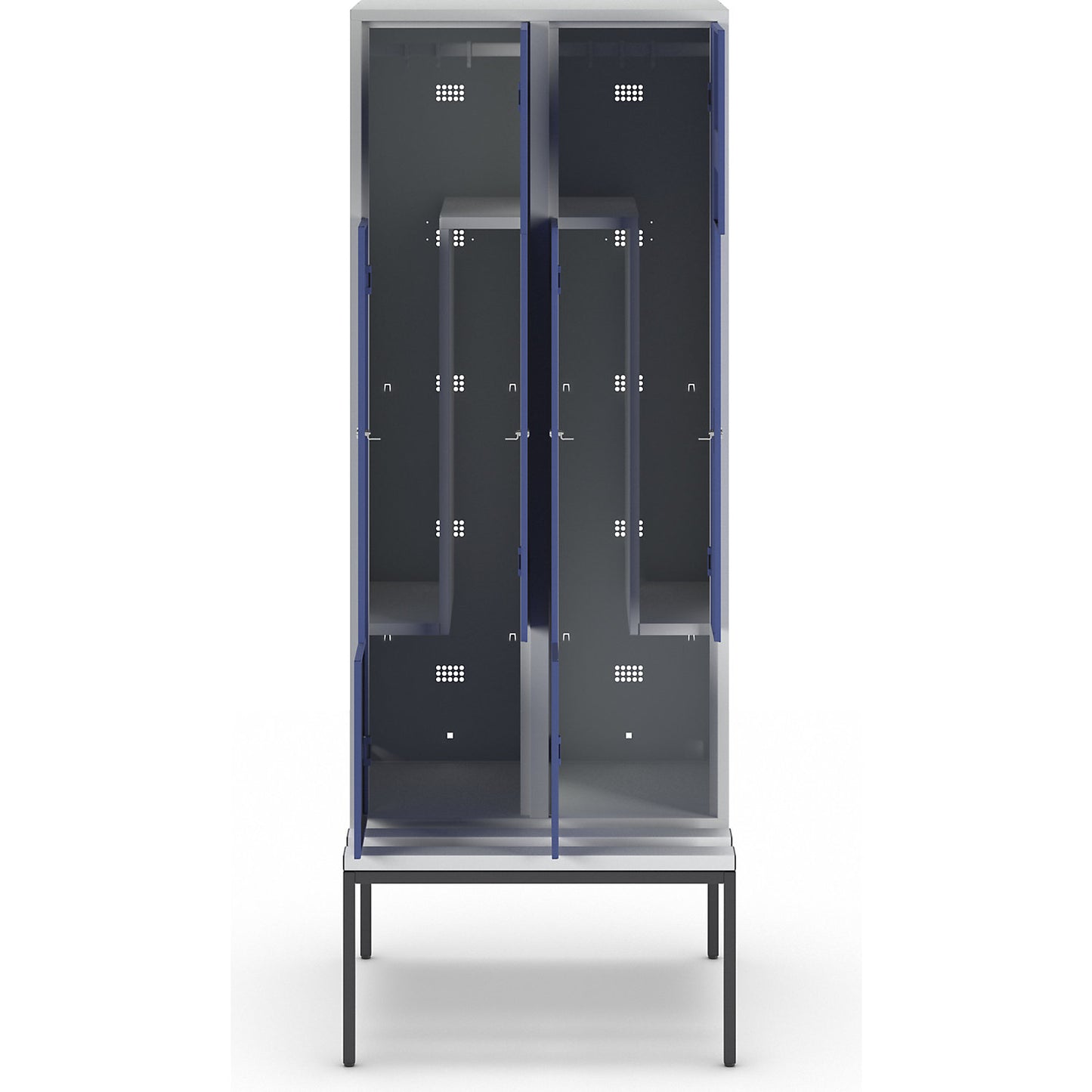München Z locker with bench seat, 2 compartments, W 800 mm, gentian blue doors.