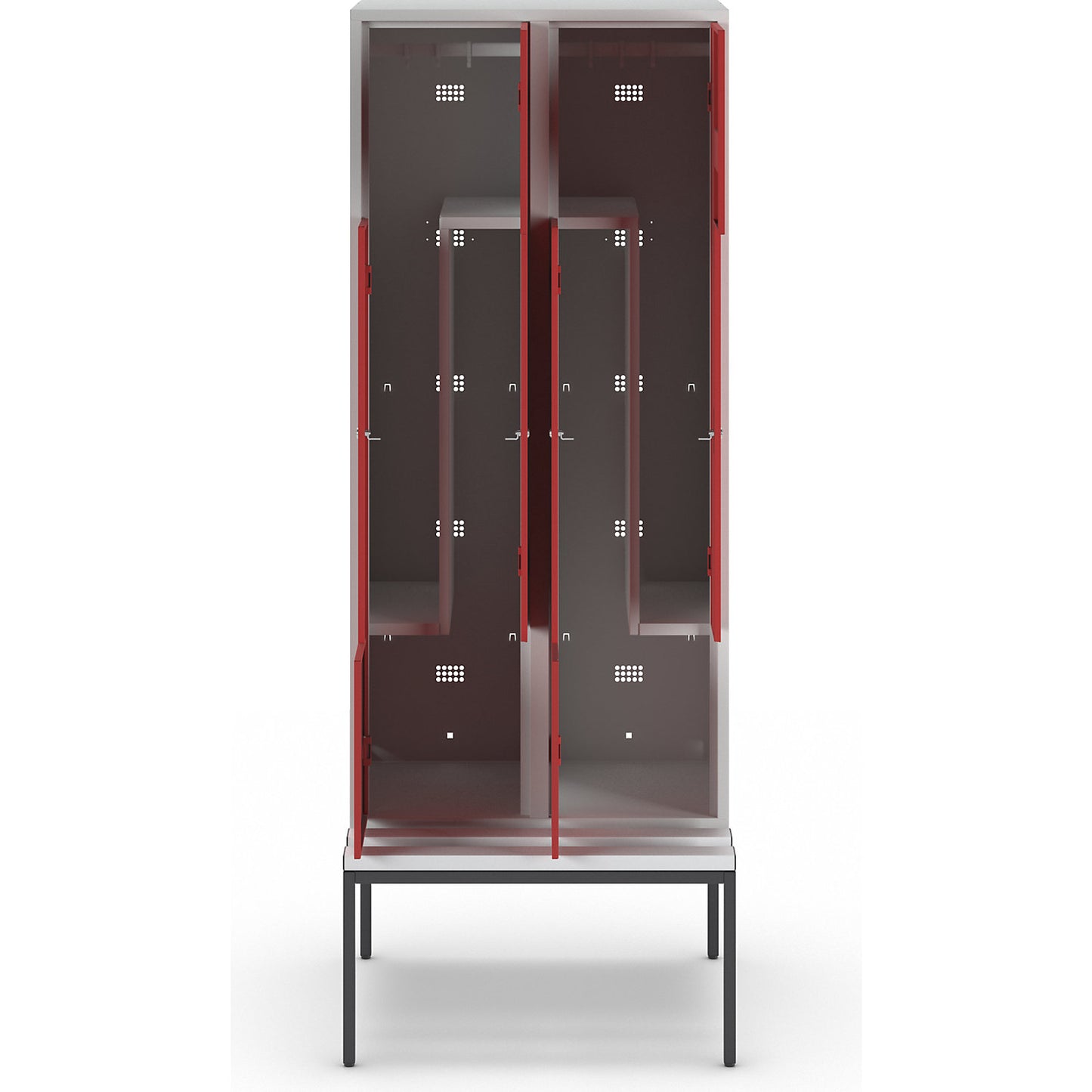 München Z locker with bench seat, 2 compartments, W 800 mm, doors flame red.