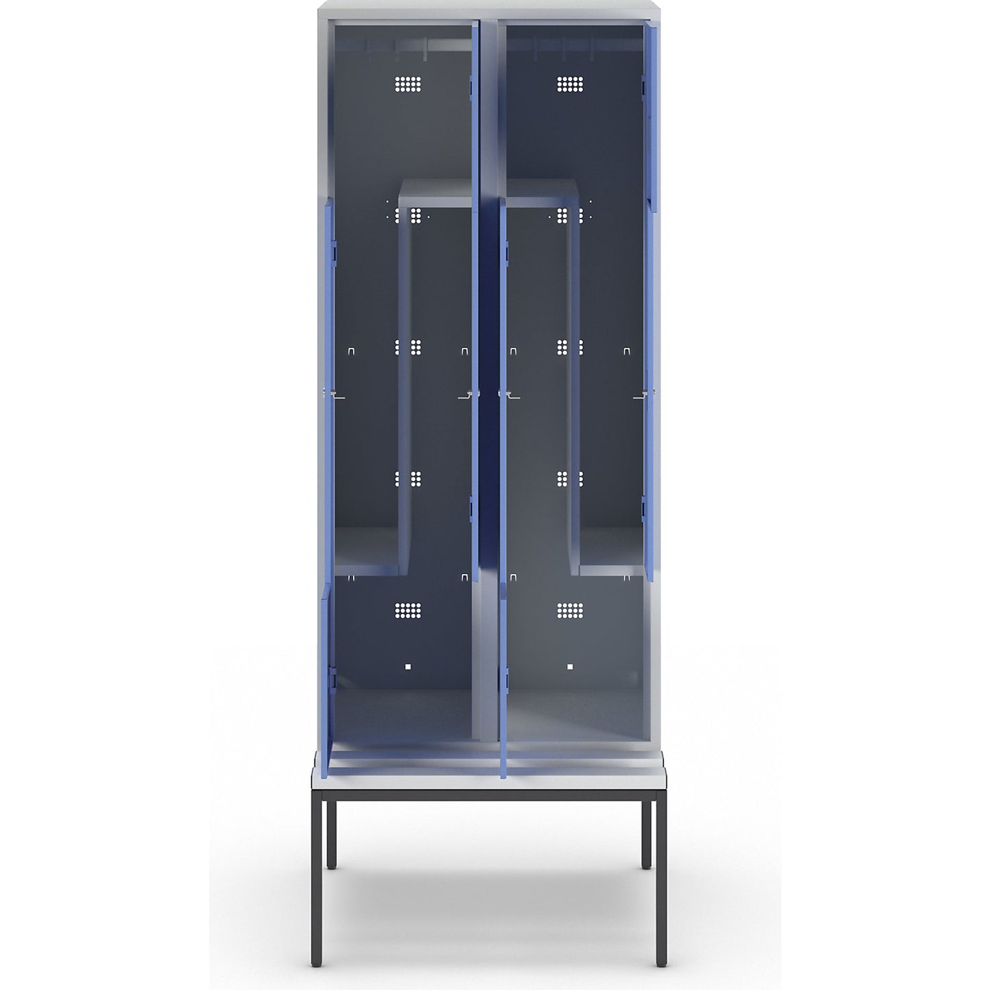 München Z locker with bench seat, 2 compartments, W 800 mm, light blue doors.
