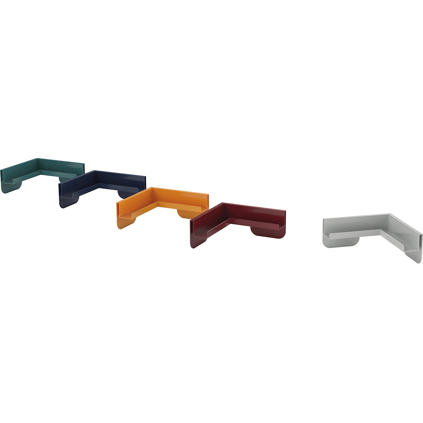 Corner pen tray for Infinity Wall, LxDxH 402 / 402 x 75 x 110 mm, light grey.