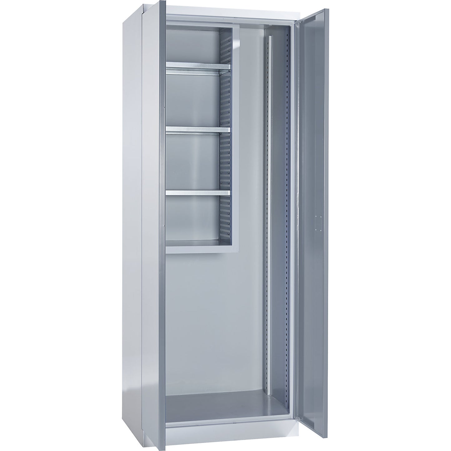 Equipment and cleaning cupboard, width 750 mm, solid panel doors, light grey.