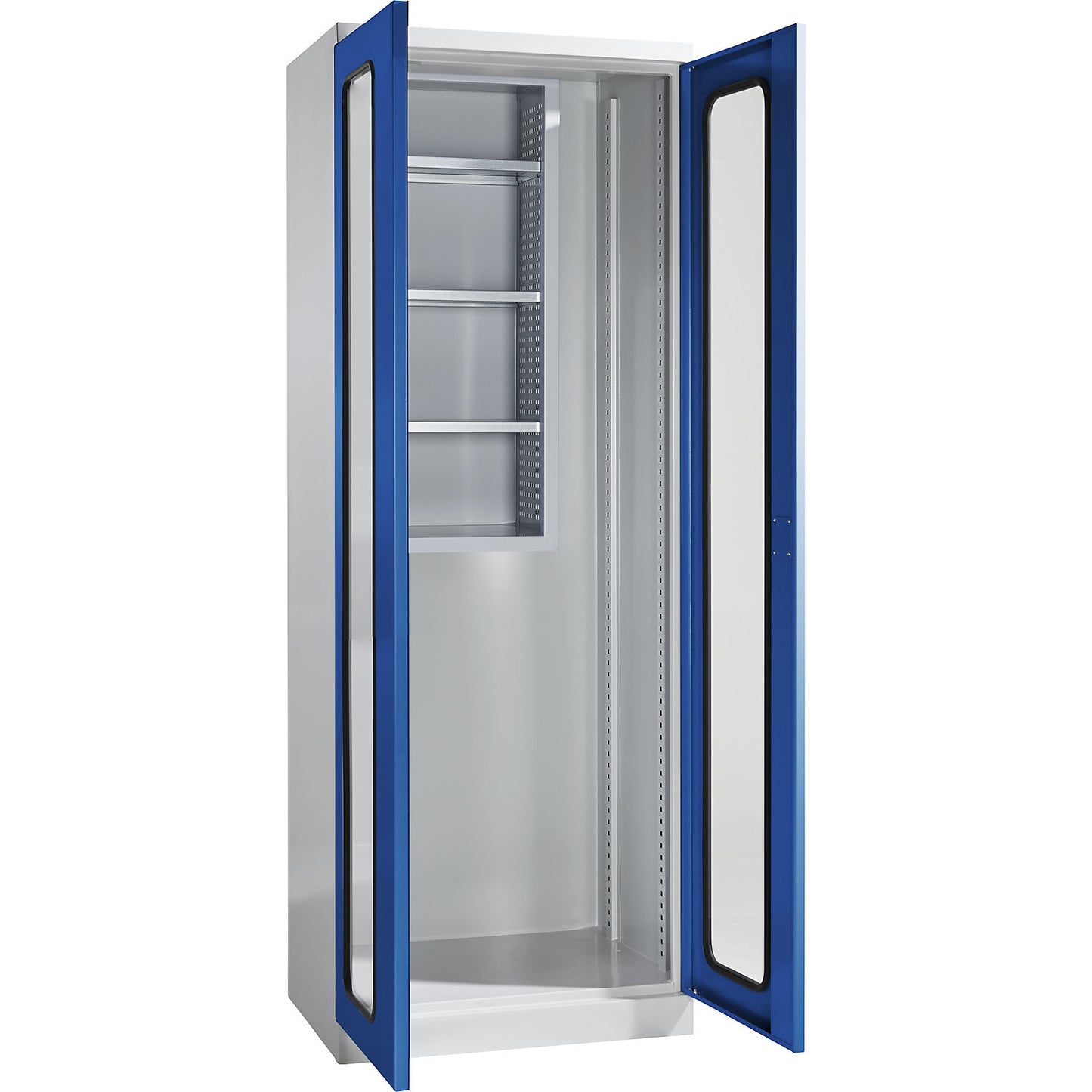 Equipment and cleaning cupboard, width 750 mm, vision panel doors, light grey / gentian blue.