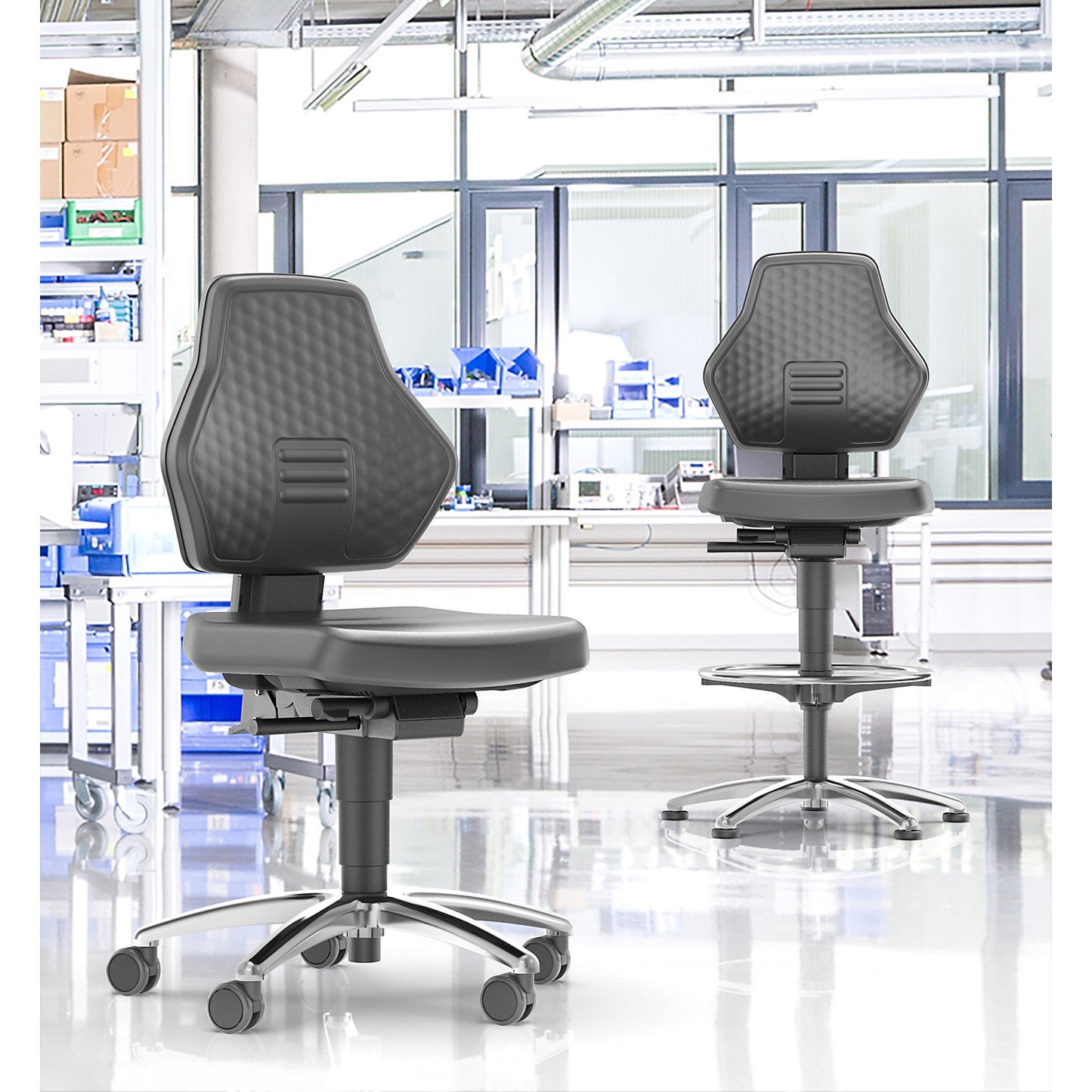 AIR FLOW industrial swivel chair, with sit-stop castors and foot ring, Supertec cover black.