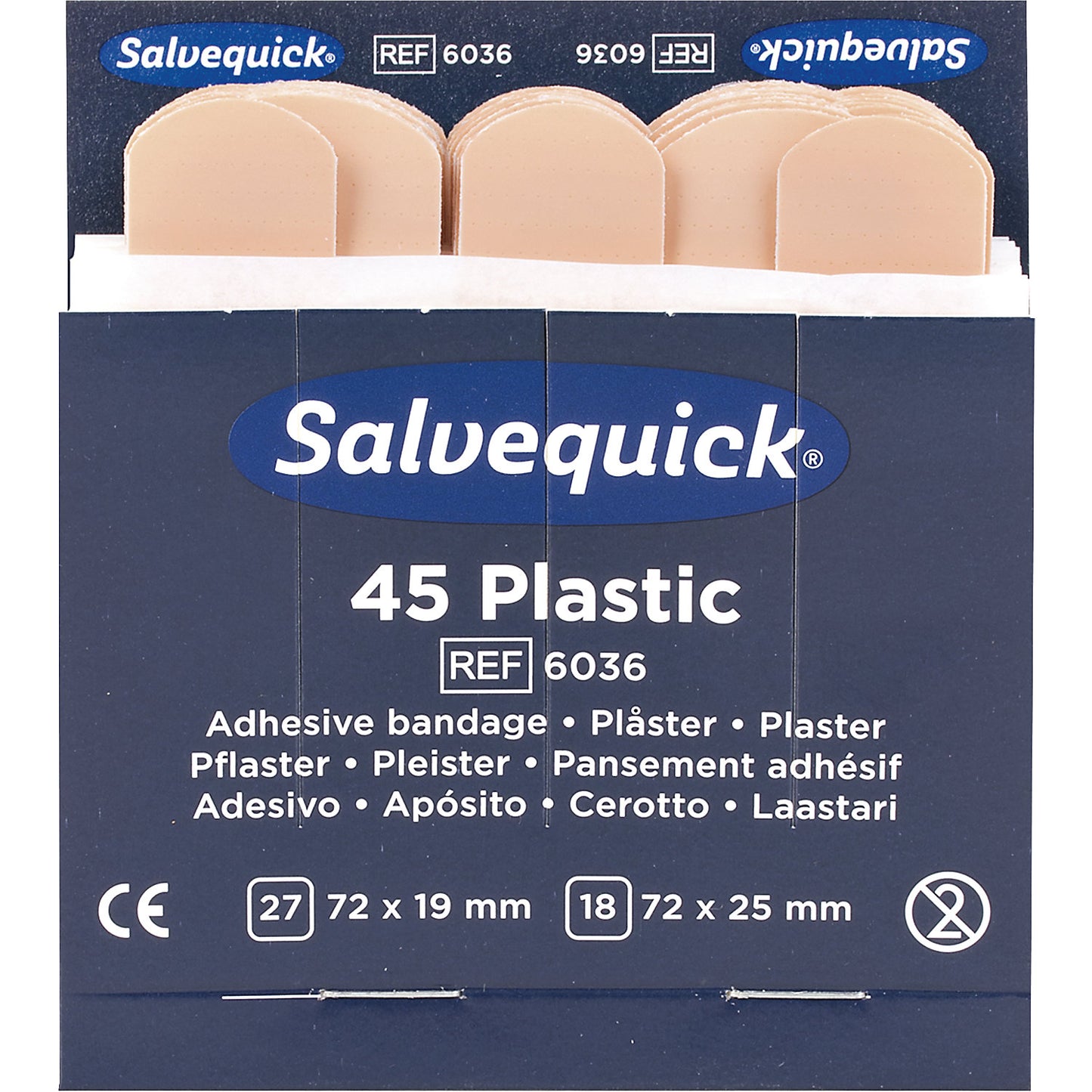 Refill for SALVEQUICK, 6 packs of plaster strips, waterproof, 45 each, pack of 6.