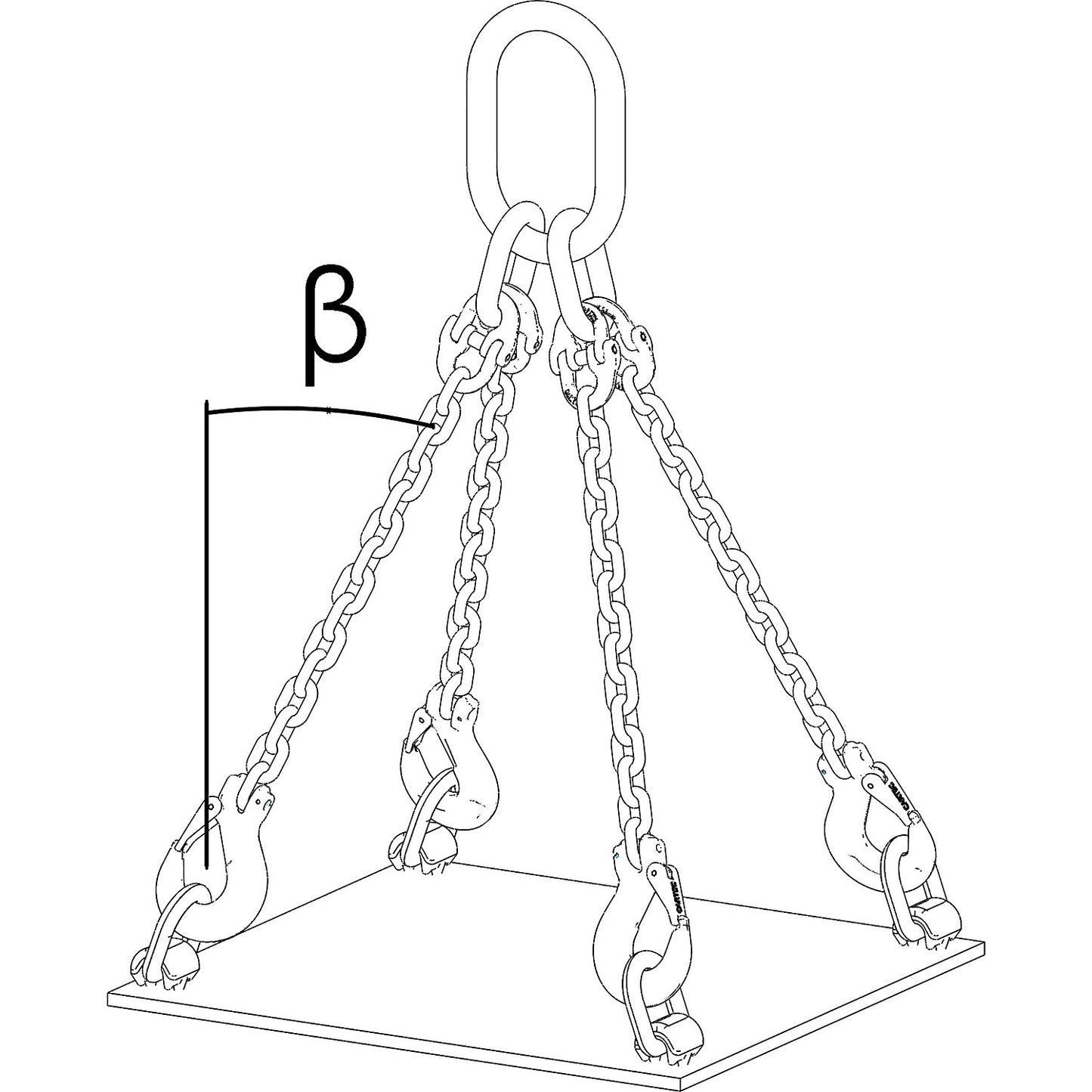 GK10 chain sling, four leg, max. load 3000 kg, chain thickness 6 mm, effective length 2 m.