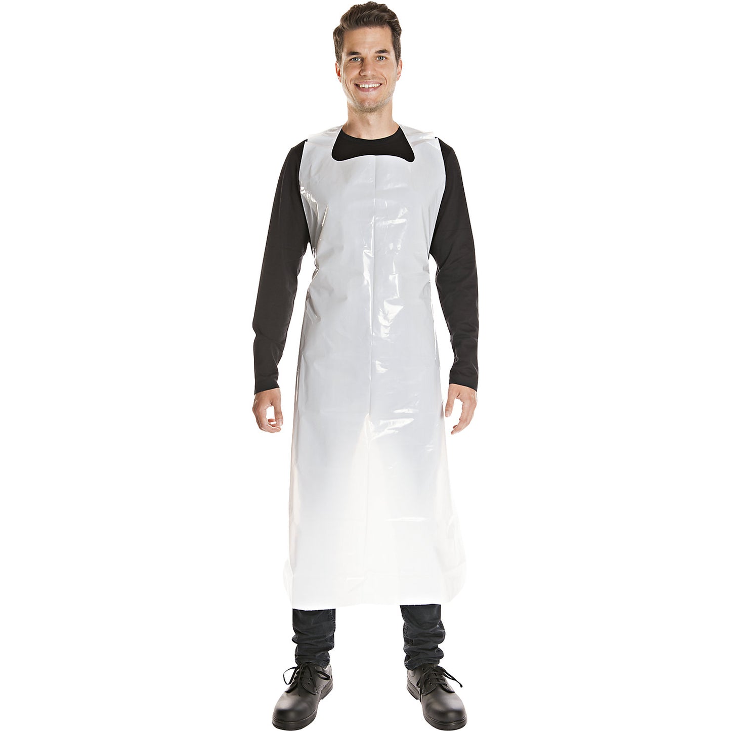 LDPE disposable apron, white, lightly embossed polyethylene, pack of 500, LxW 1400 x 750 mm.