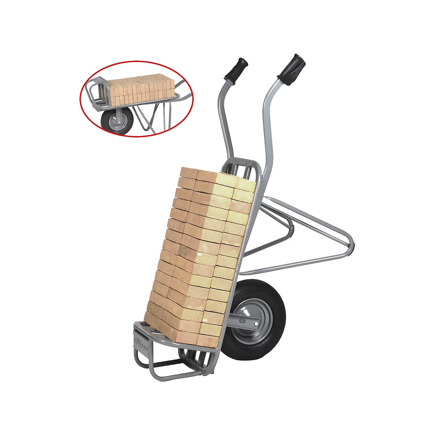 Brick and tile wheel barrow, 1 wheel, 4-ply pneumatic tyres.