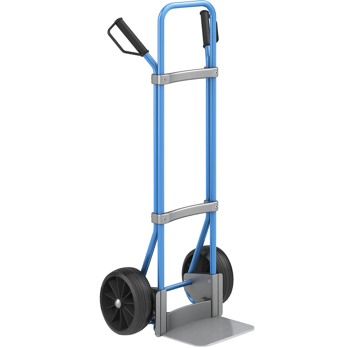 Sack truck, blue, footplate WxD 280 x 250 mm, zinc plated, solid rubber tyres.