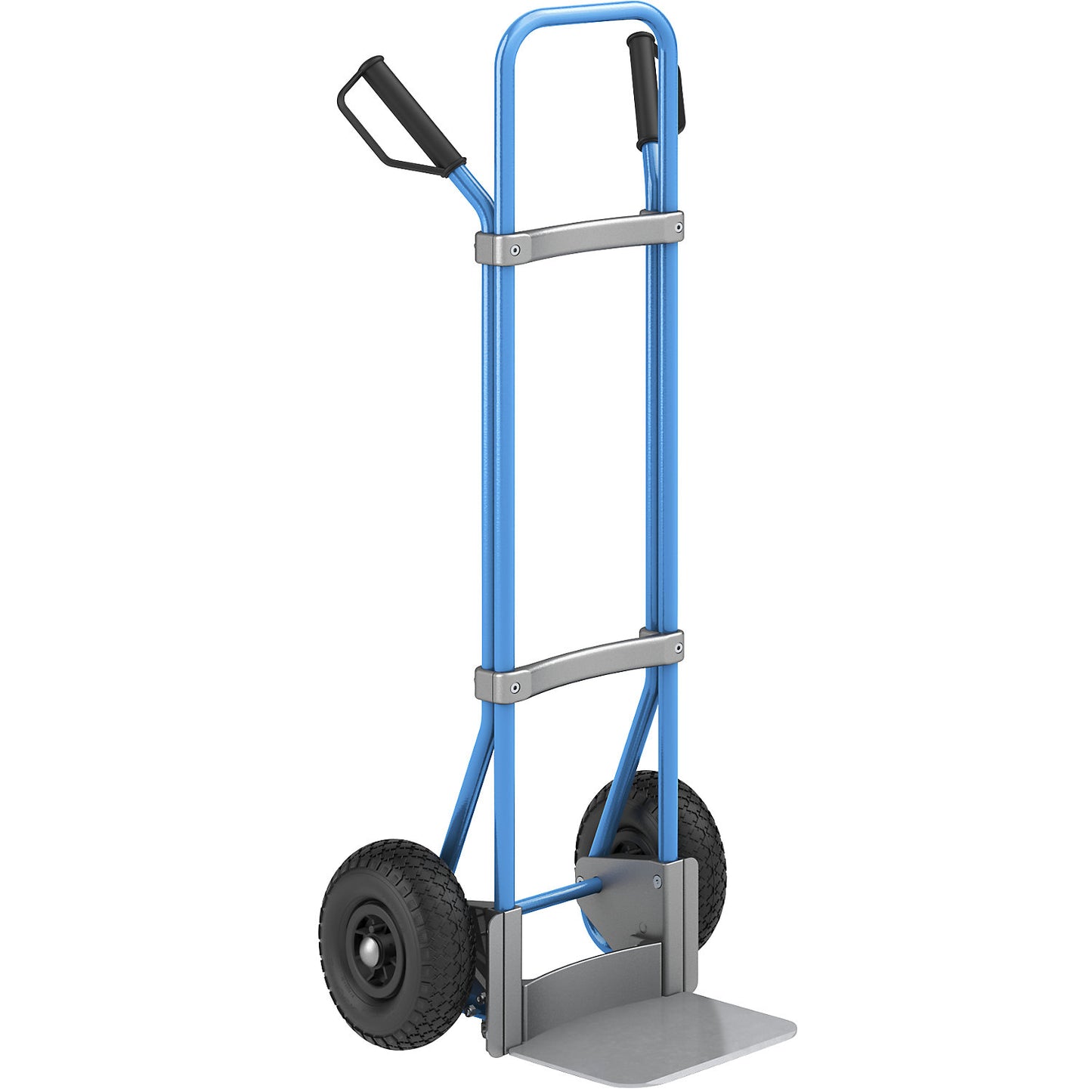 Sack truck, blue, footplate WxD 280 x 250 mm, zinc plated, pneumatic tyres.