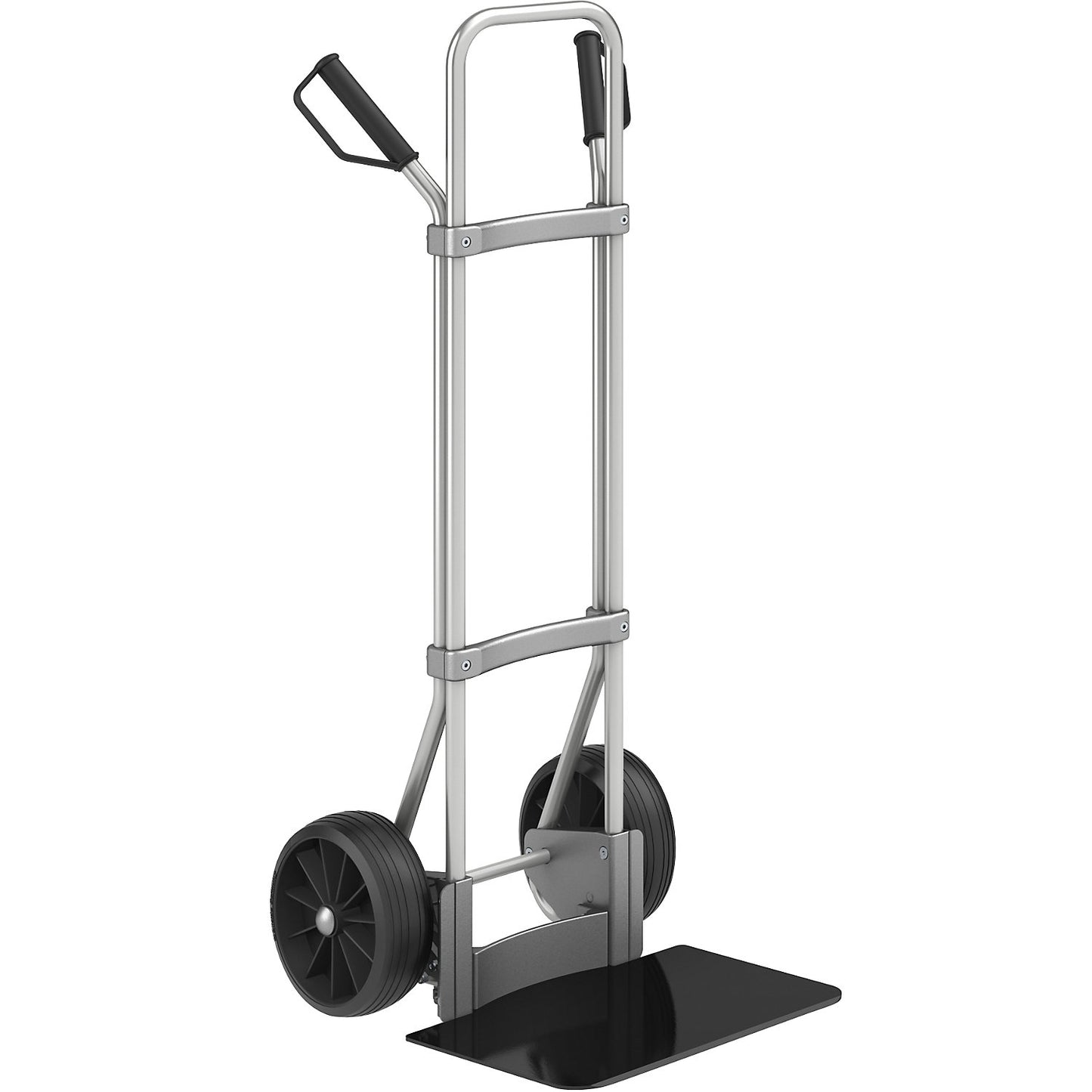 Aluminium sack truck, footplate WxD 450 x 350 mm, black, solid rubber tyres.