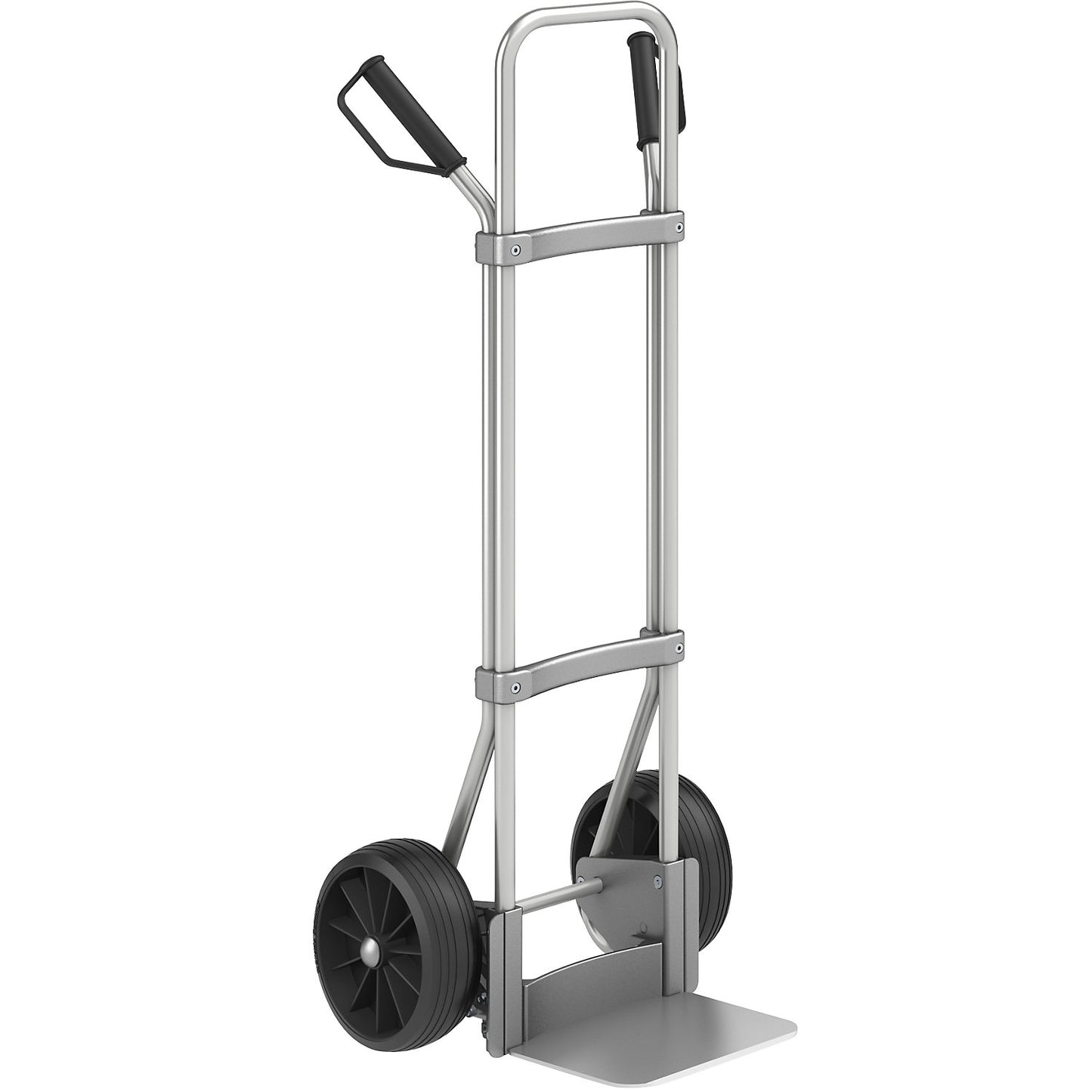 Aluminium sack truck, footplate WxD 280 x 250 mm, aluminium, solid rubber tyres.