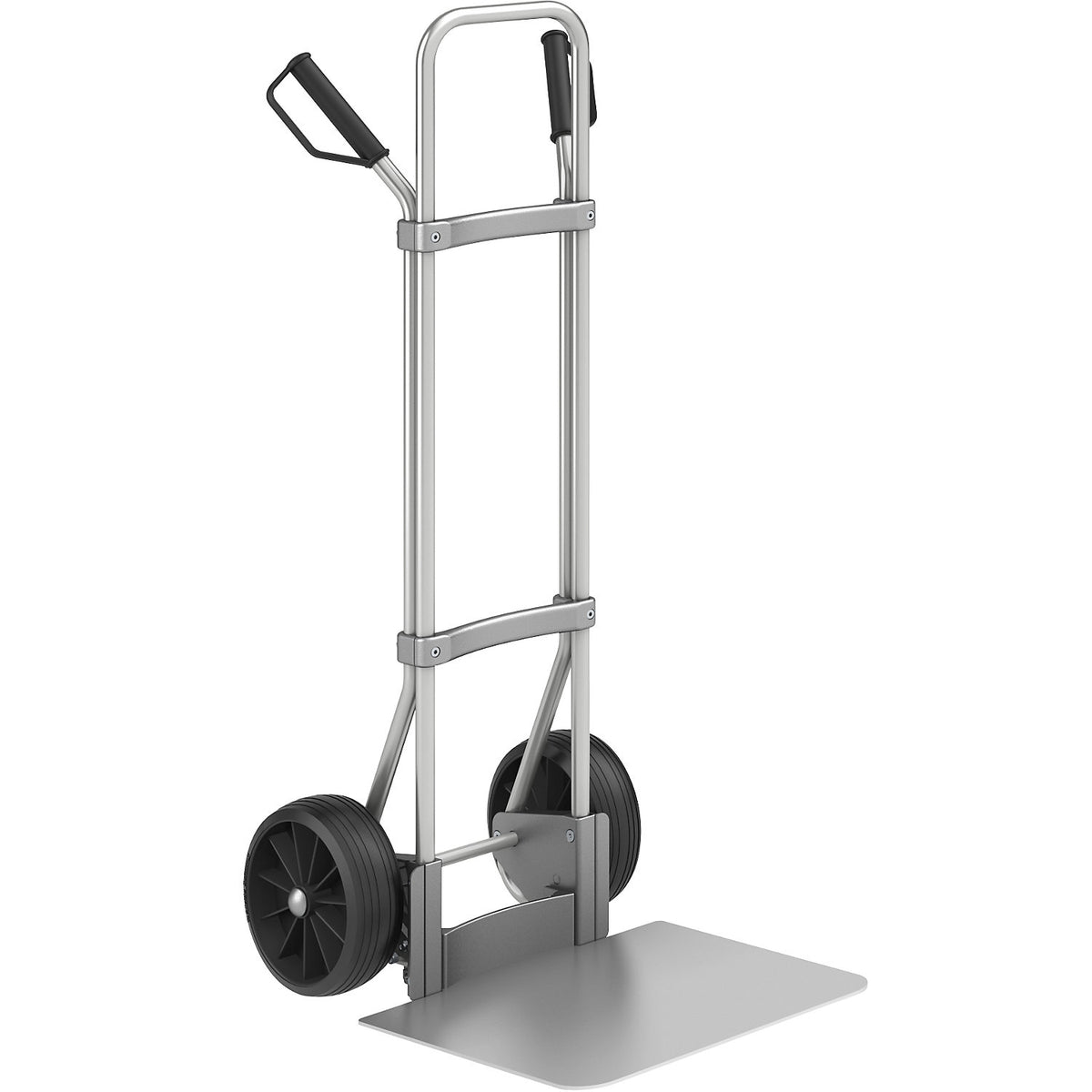 Aluminium sack truck, footplate WxD 450 x 500 mm, aluminium, solid rubber tyres.