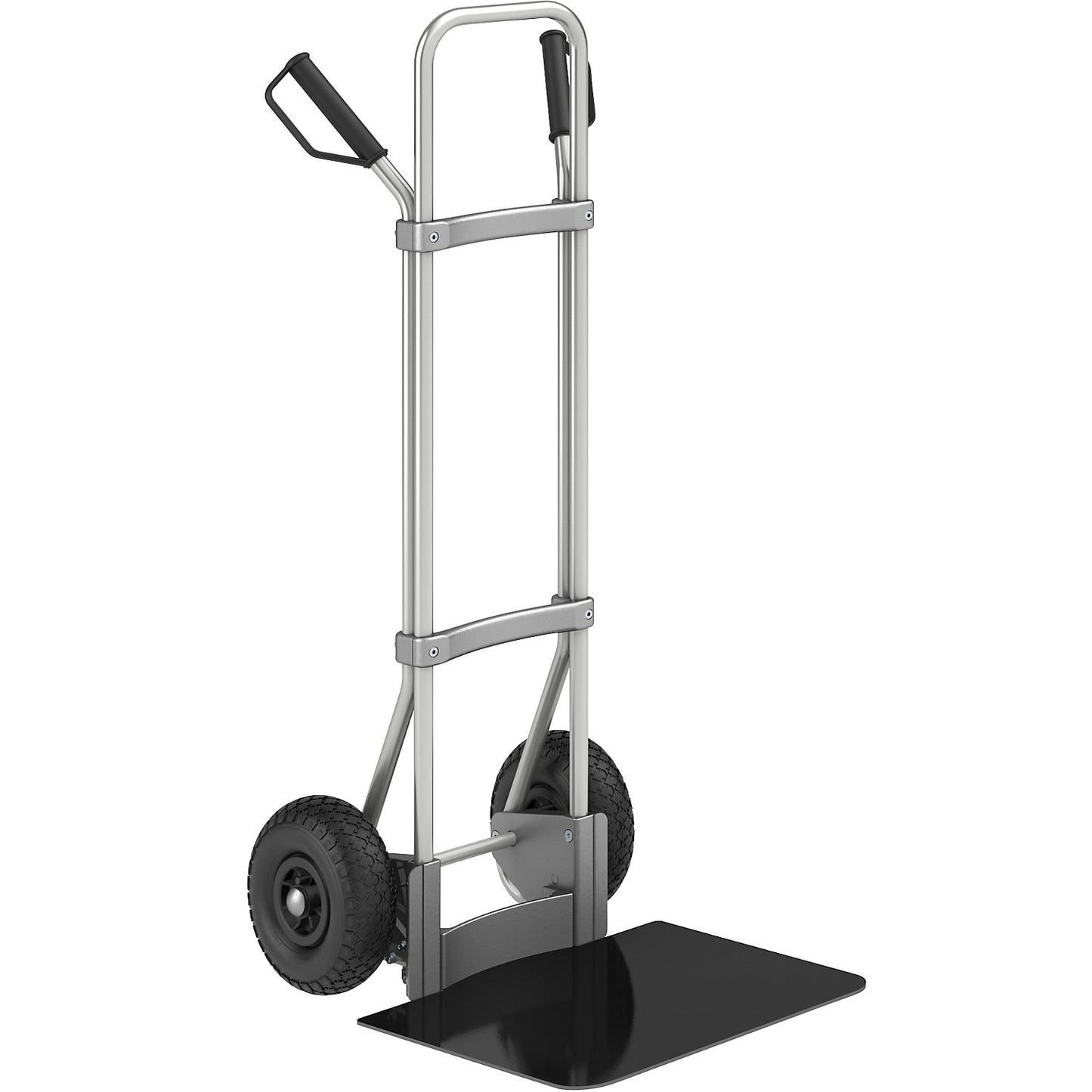 Aluminium sack truck, footplate WxD 450 x 500 mm, black, pneumatic tyres.