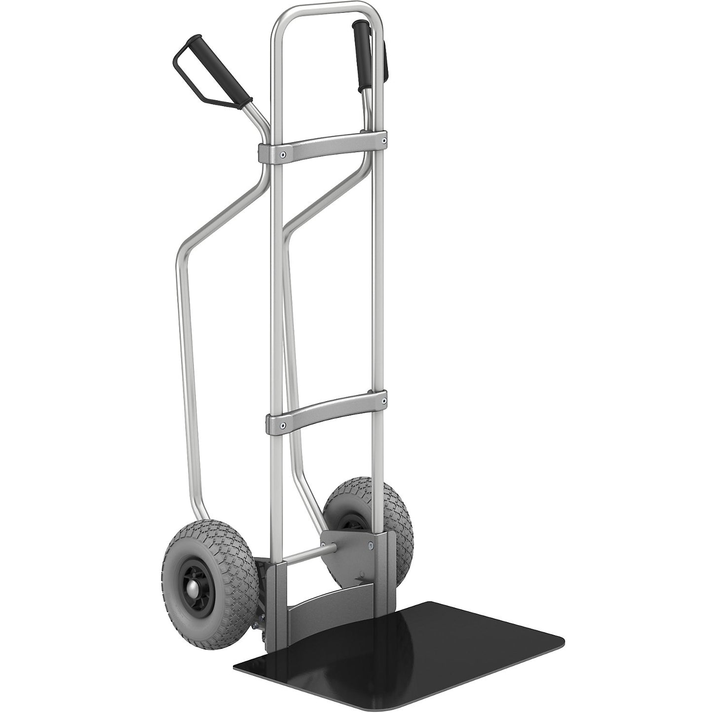 Aluminium sack truck with runners, footplate WxD 450 x 500 mm, black, PU tyres.