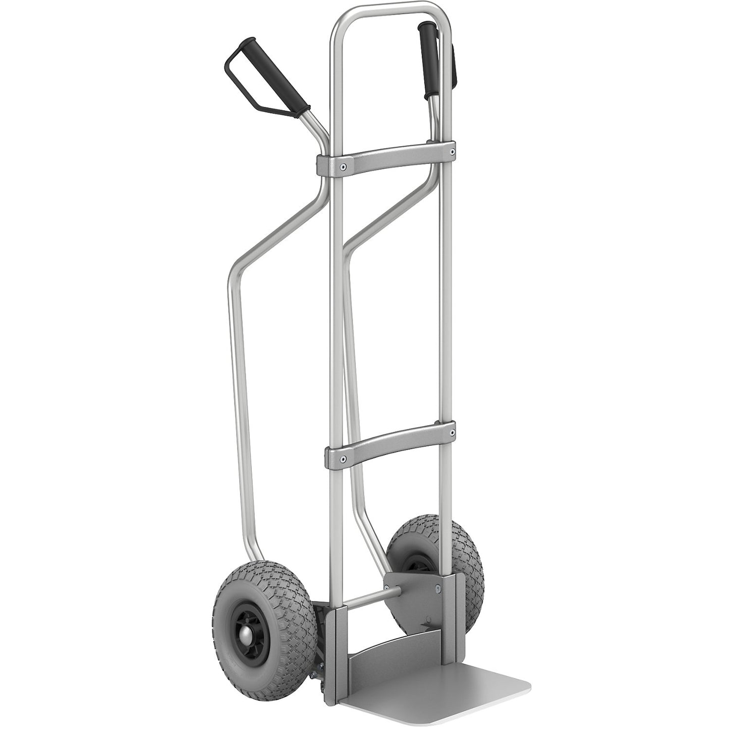 Aluminium sack truck with runners, footplate WxD 280 x 250 mm, aluminium, PU tyres.