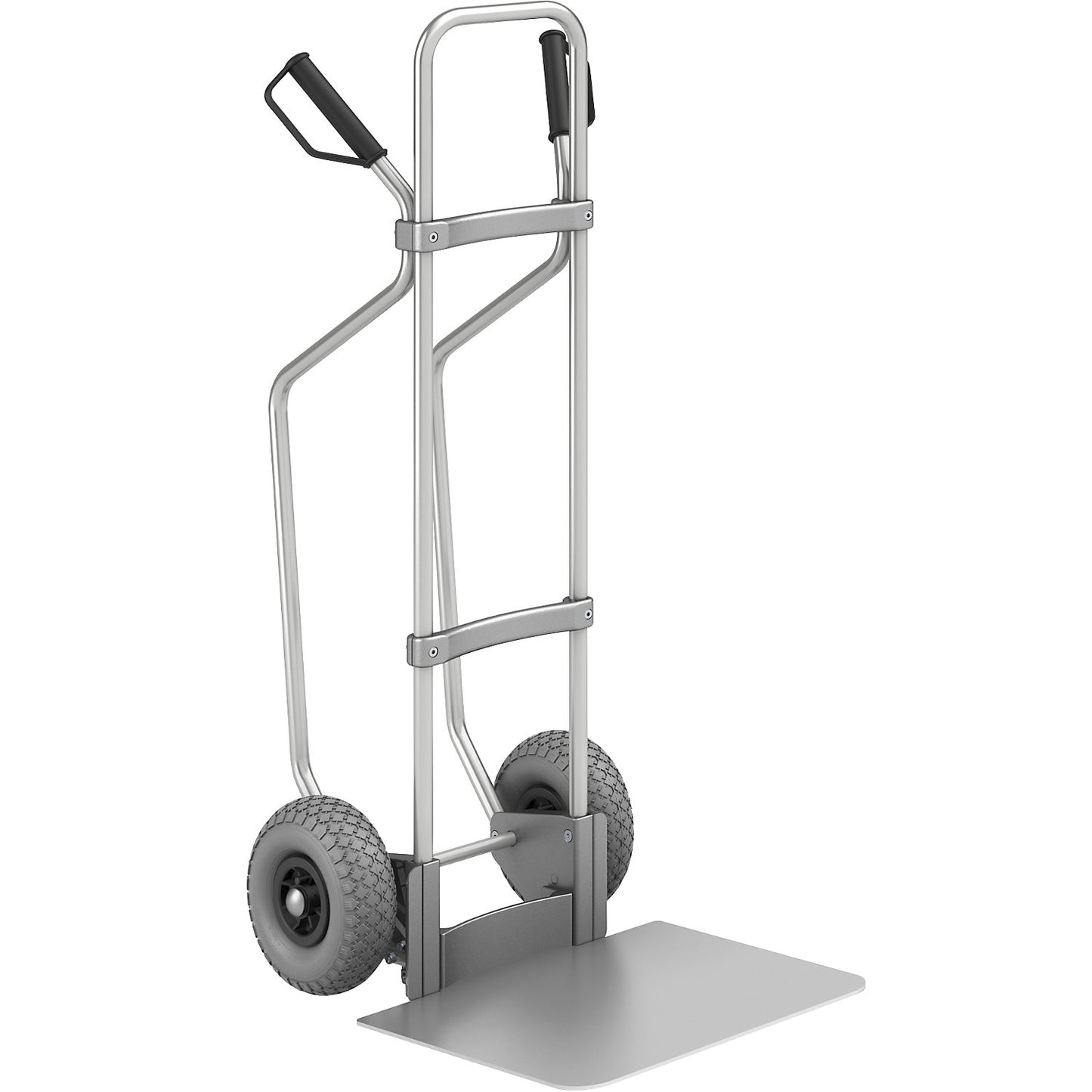 Aluminium sack truck with runners, footplate WxD 450 x 500 mm, aluminium, PU tyres.