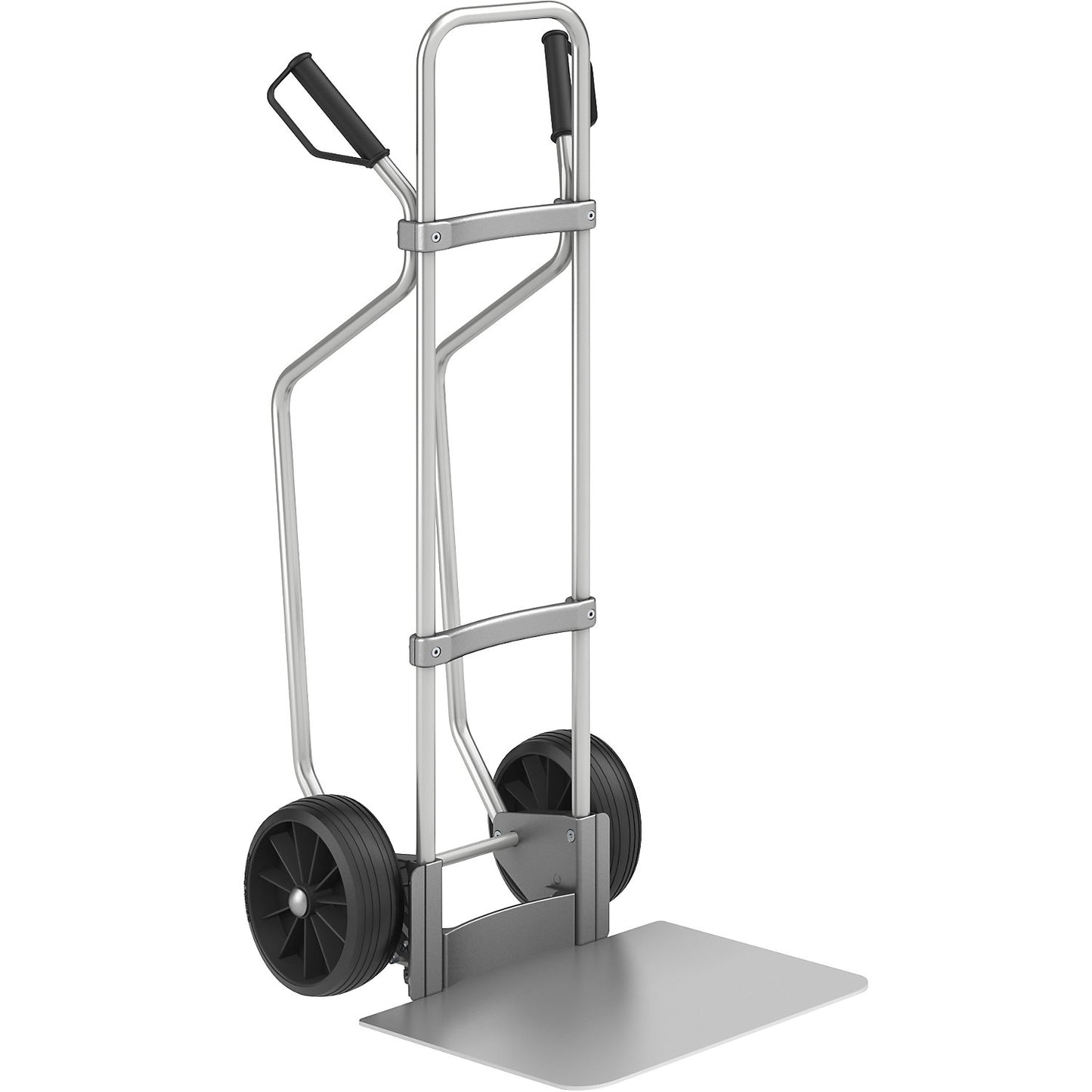 Aluminium sack truck with runners, footplate WxD 450 x 500 mm, aluminium, solid rubber tyres.