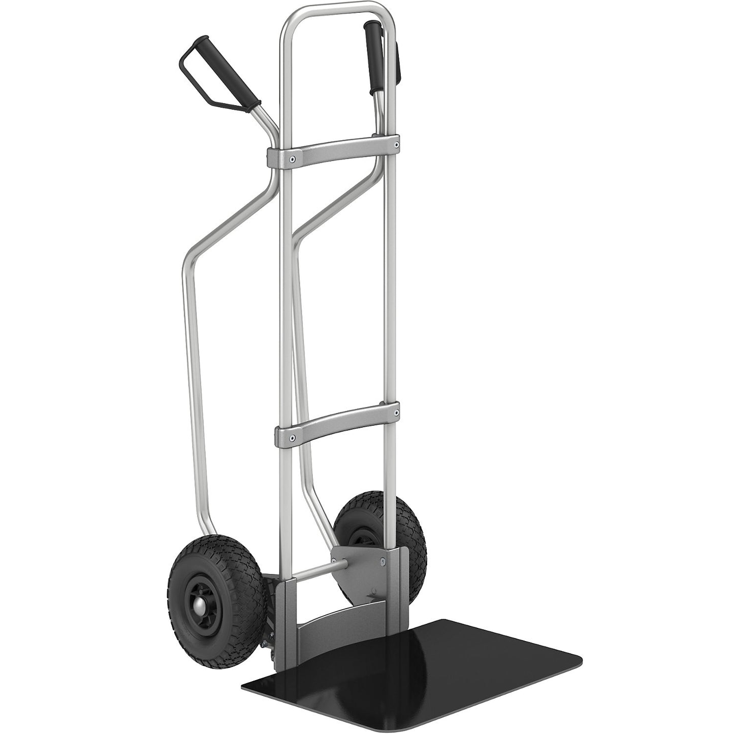Aluminium sack truck with runners, footplate WxD 450 x 500 mm, black, pneumatic tyres.