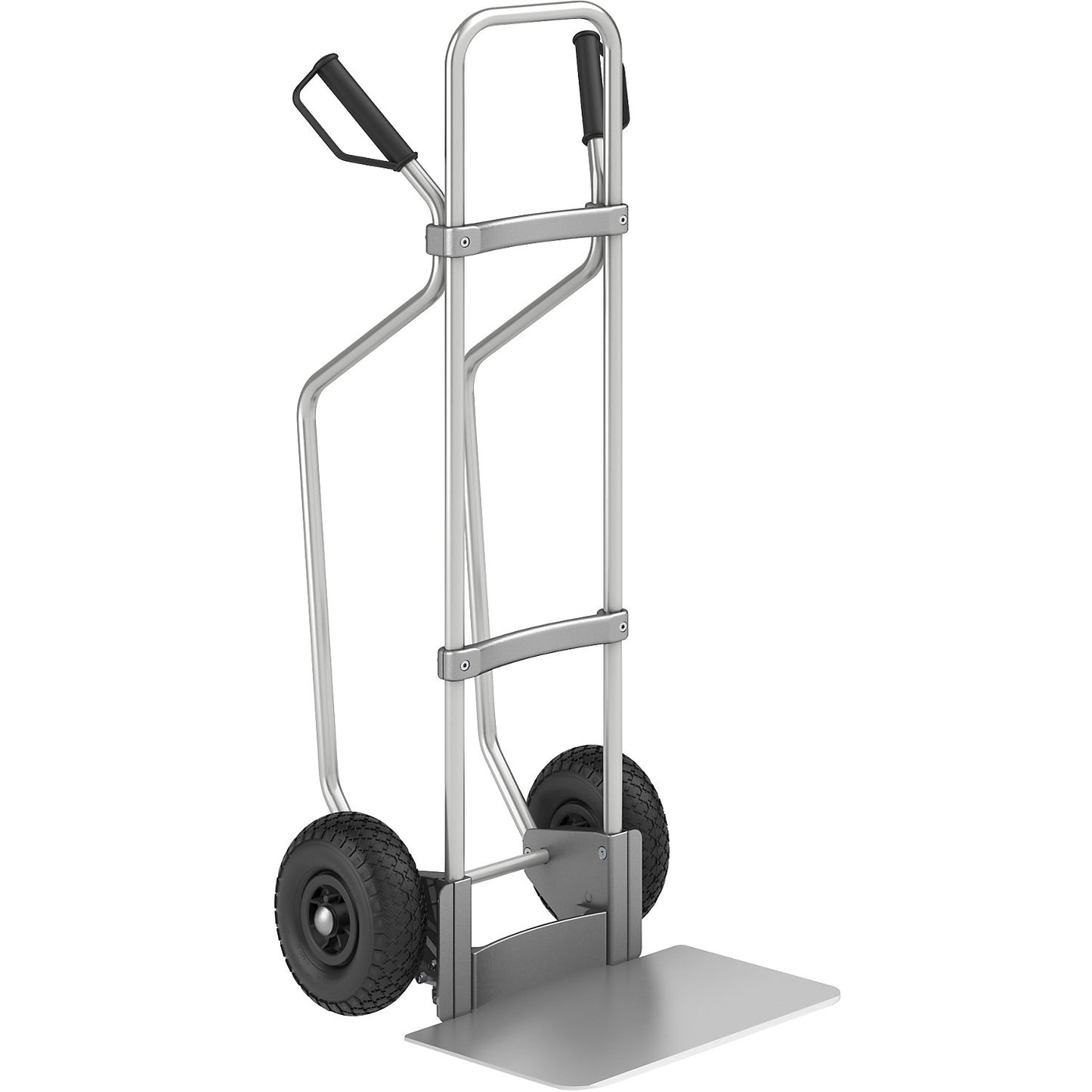 Aluminium sack truck with runners, footplate WxD 450 x 350 mm, aluminium, pneumatic tyres.