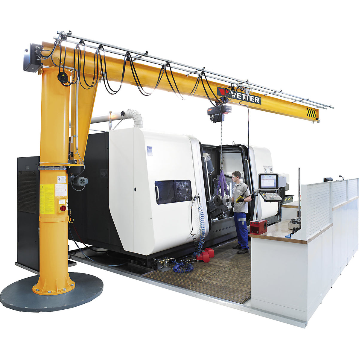 MEISTER M post mounted jib crane, with HF electric chain hoist, max. load 500 kg, reach 4 m.