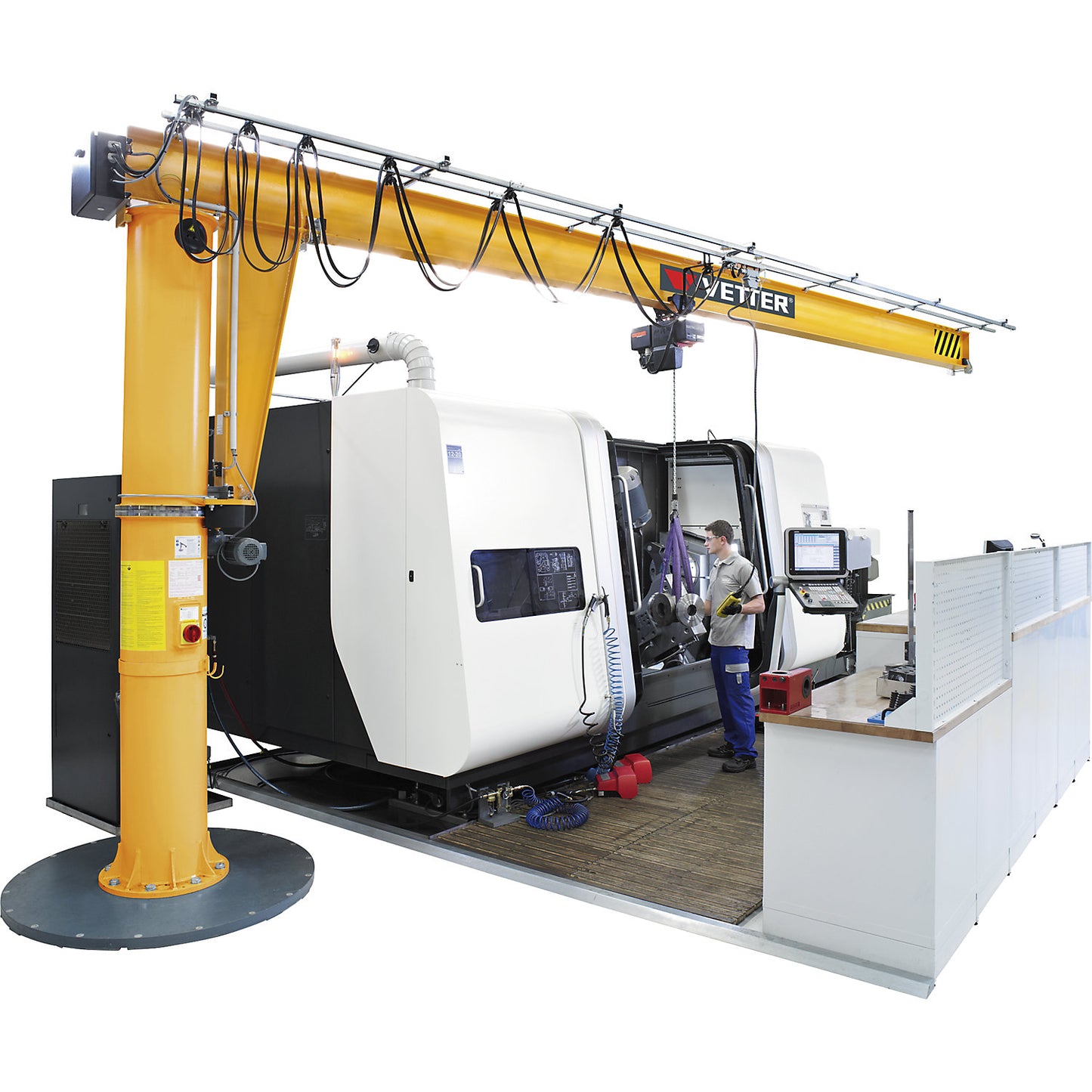 MEISTER M post mounted jib crane, with HF electric chain hoist, max. load 500 kg, reach 4 m.
