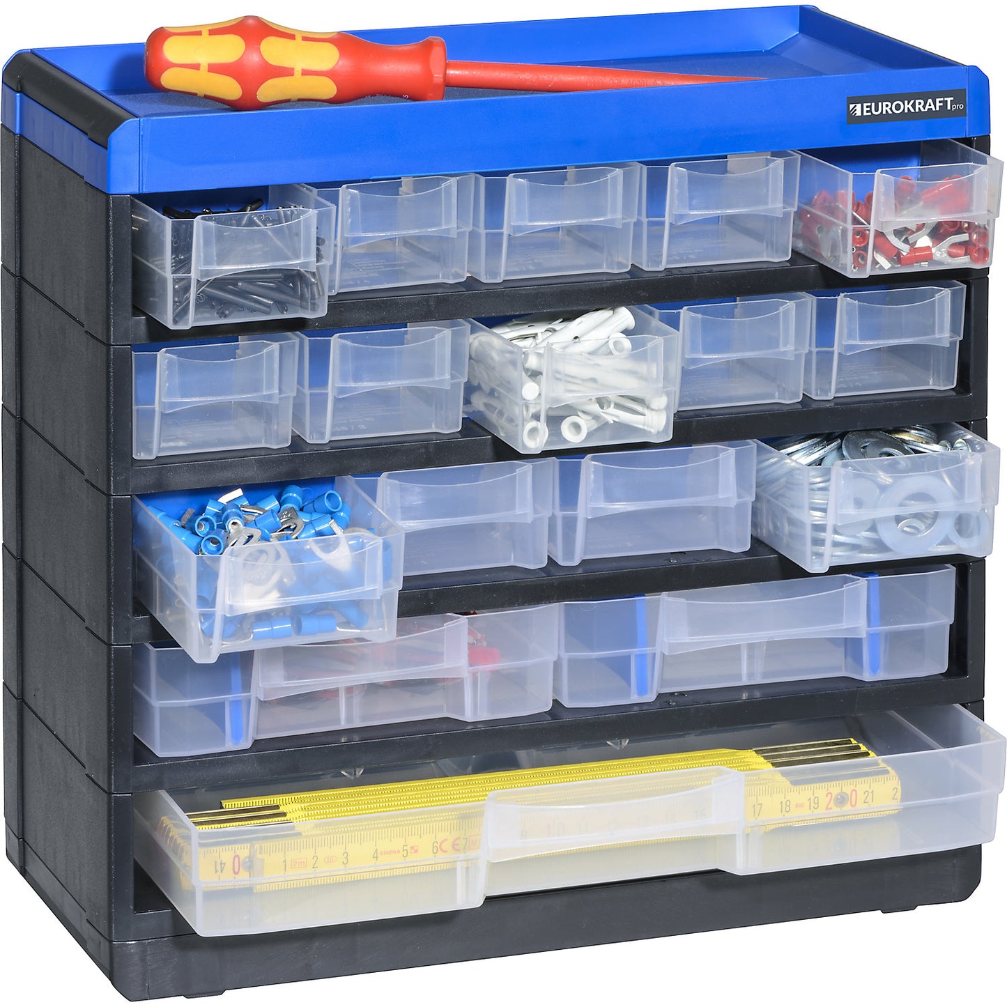 VARIOPLUS PRO small parts cabinet, HxWxD 285 x 300 x 135 mm, 17 drawers, 18 dividers.