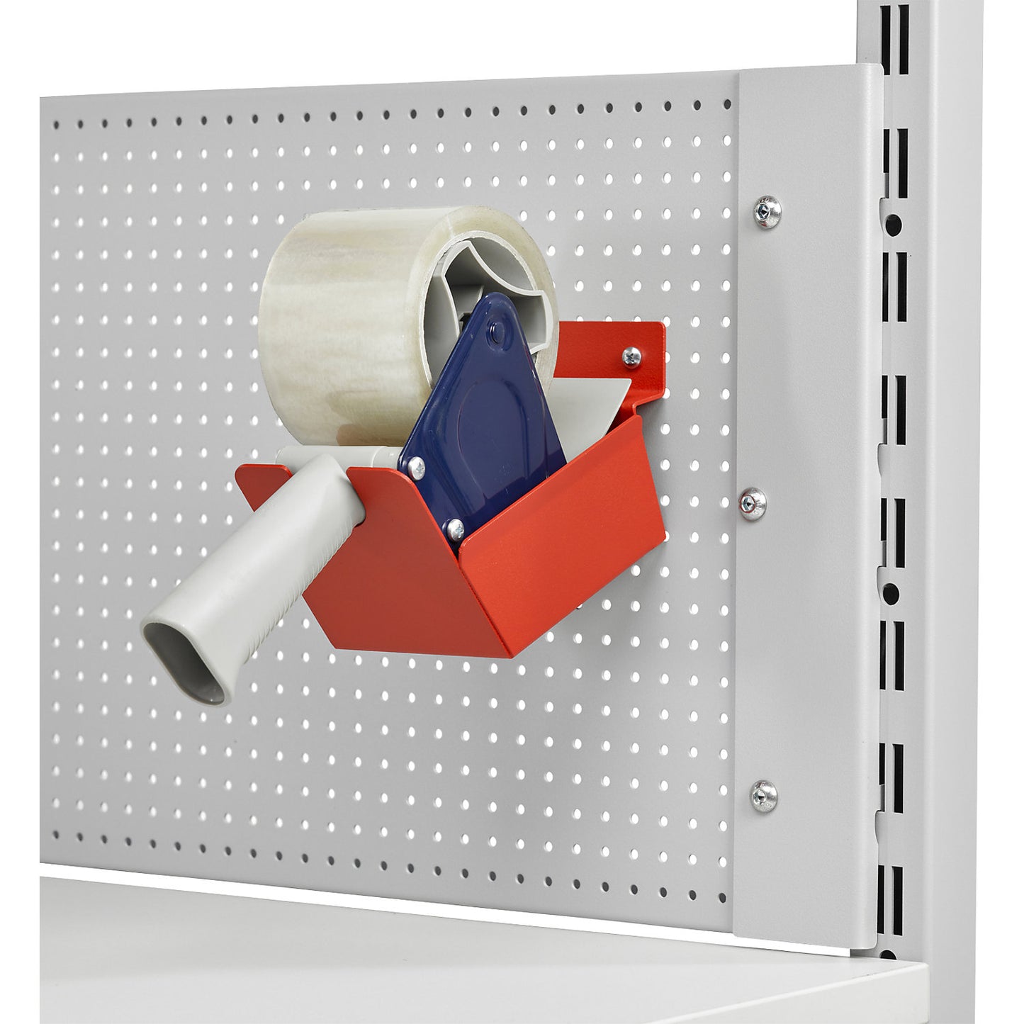 Bracket for packaging tape dispenser, for perforated rear panel or for wall mounting, for tape width up to 75 mm.