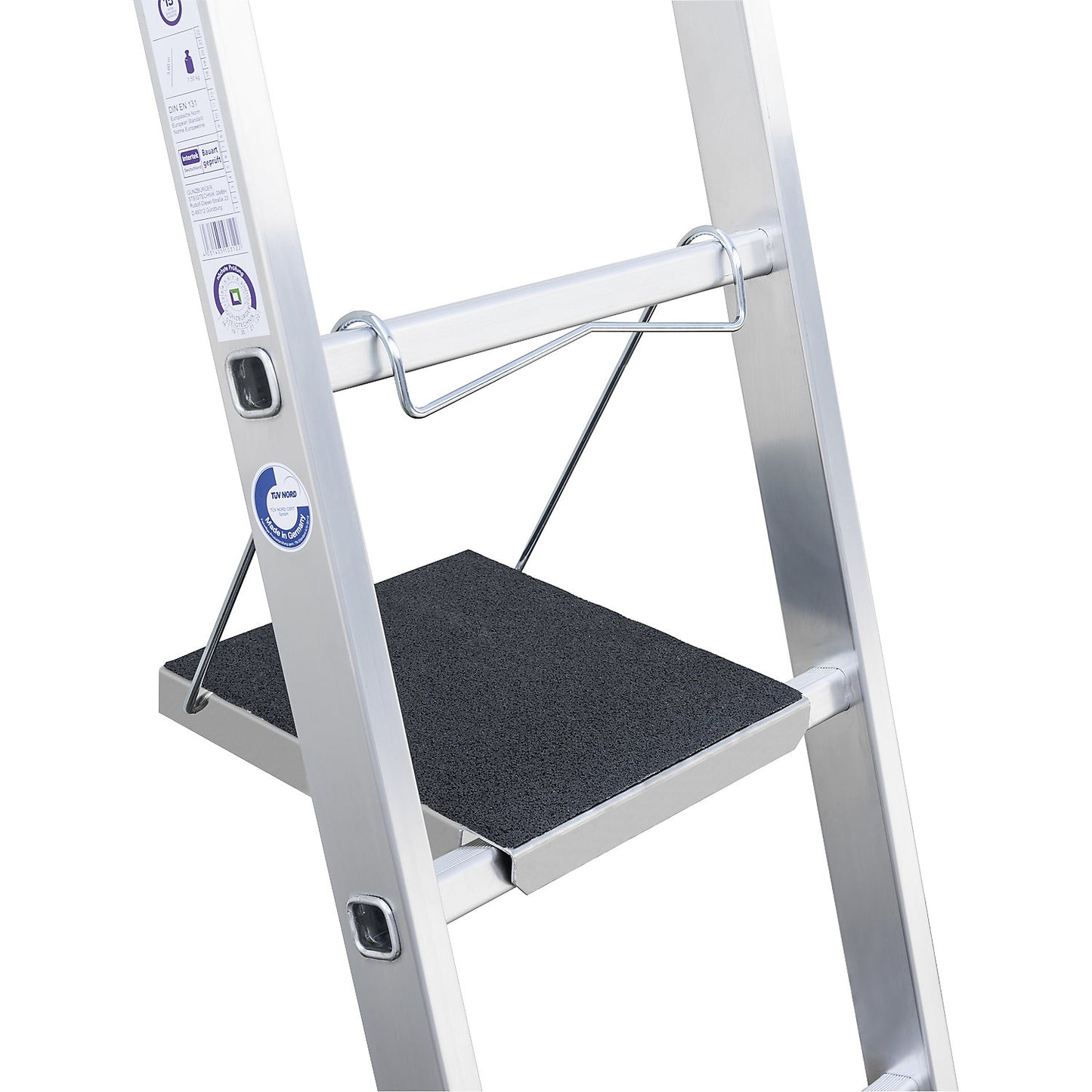 R13 step hook-on platform, for rung ladders, made of ribbed sheet metal, LxW 300 x 284 mm.