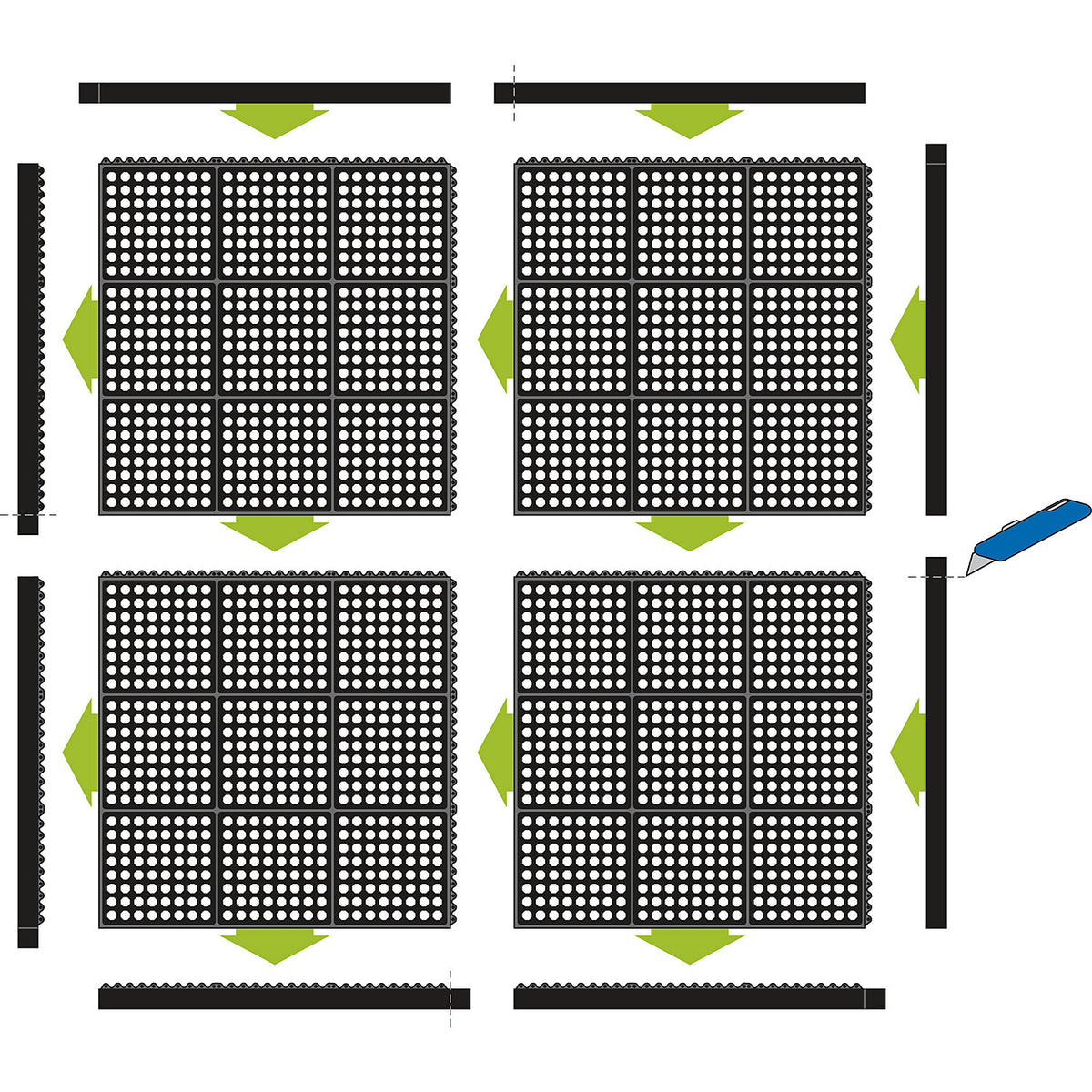 Industrial workstation matting, Yoga Octa Basic all-round matting, 900 x 900 mm, perforated surface.