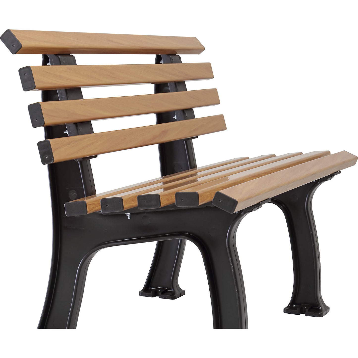 Park bench made of plastic, with 9 slats, width 1200 mm, wood finish.