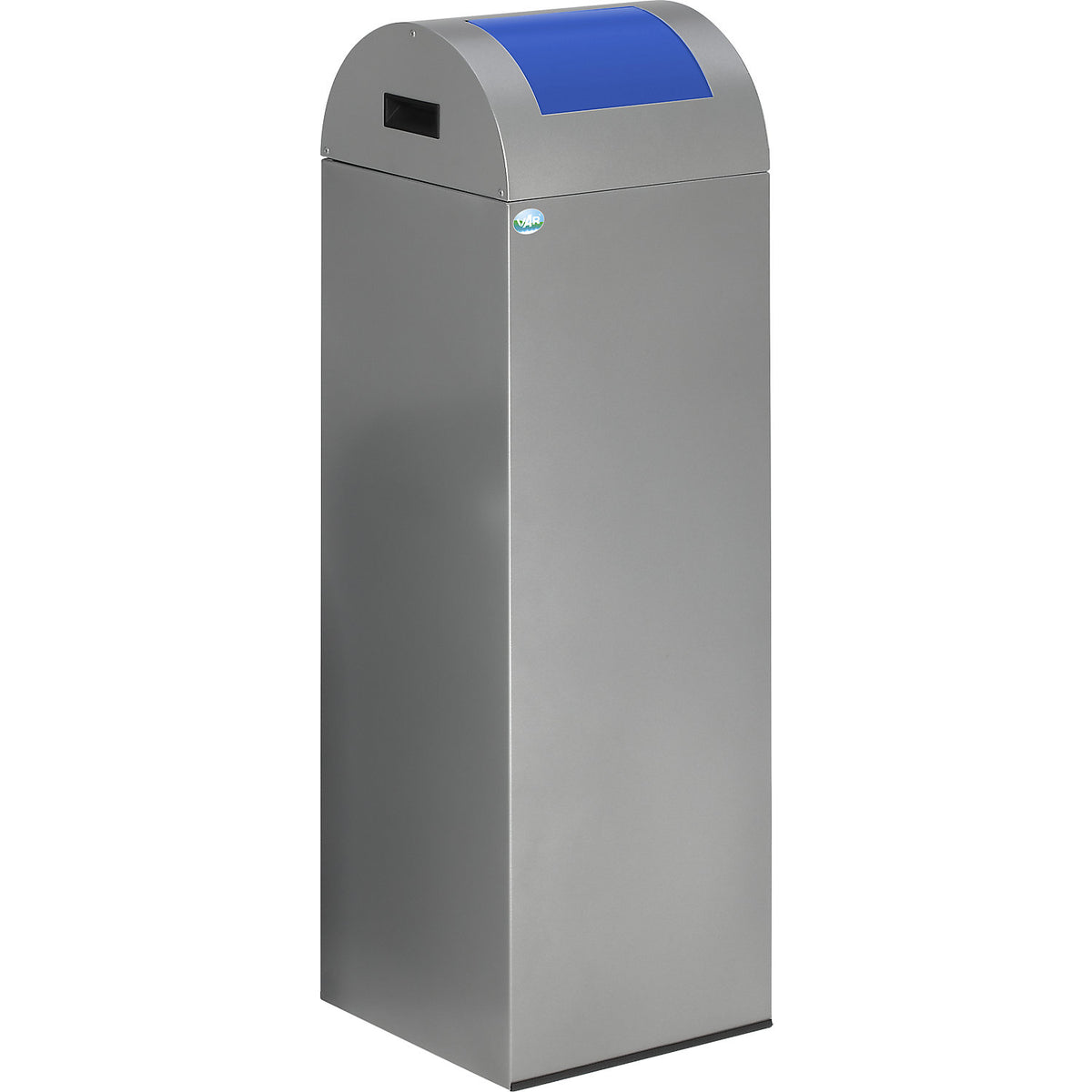 Self extinguishing recyclable waste collector, capacity 89 l, HxWxD 1045 x 320 x 320 mm, silver, blue flap.